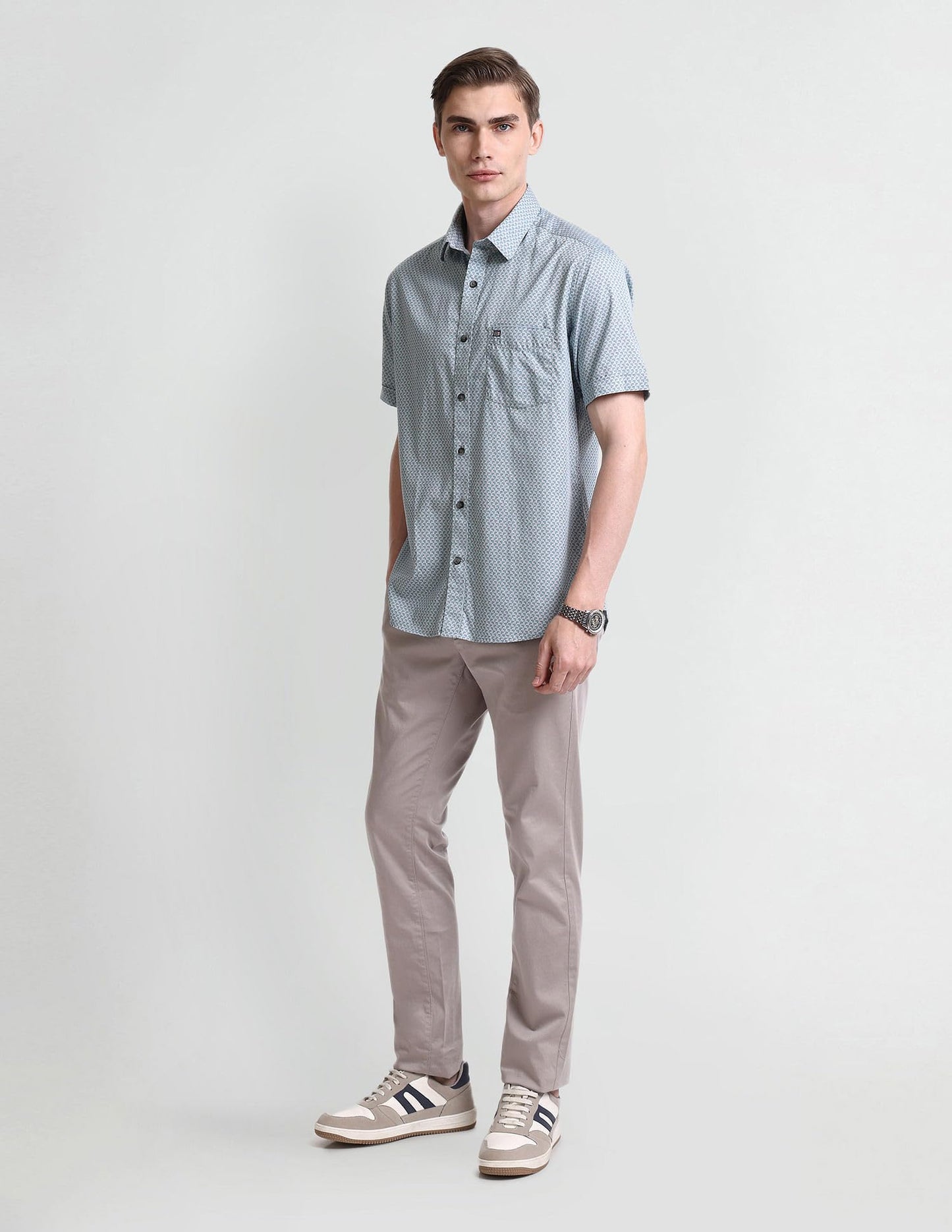 Arrow Men Cotton Geometric Regular Fit Shirt (ASAISH1644_Teal, 42)