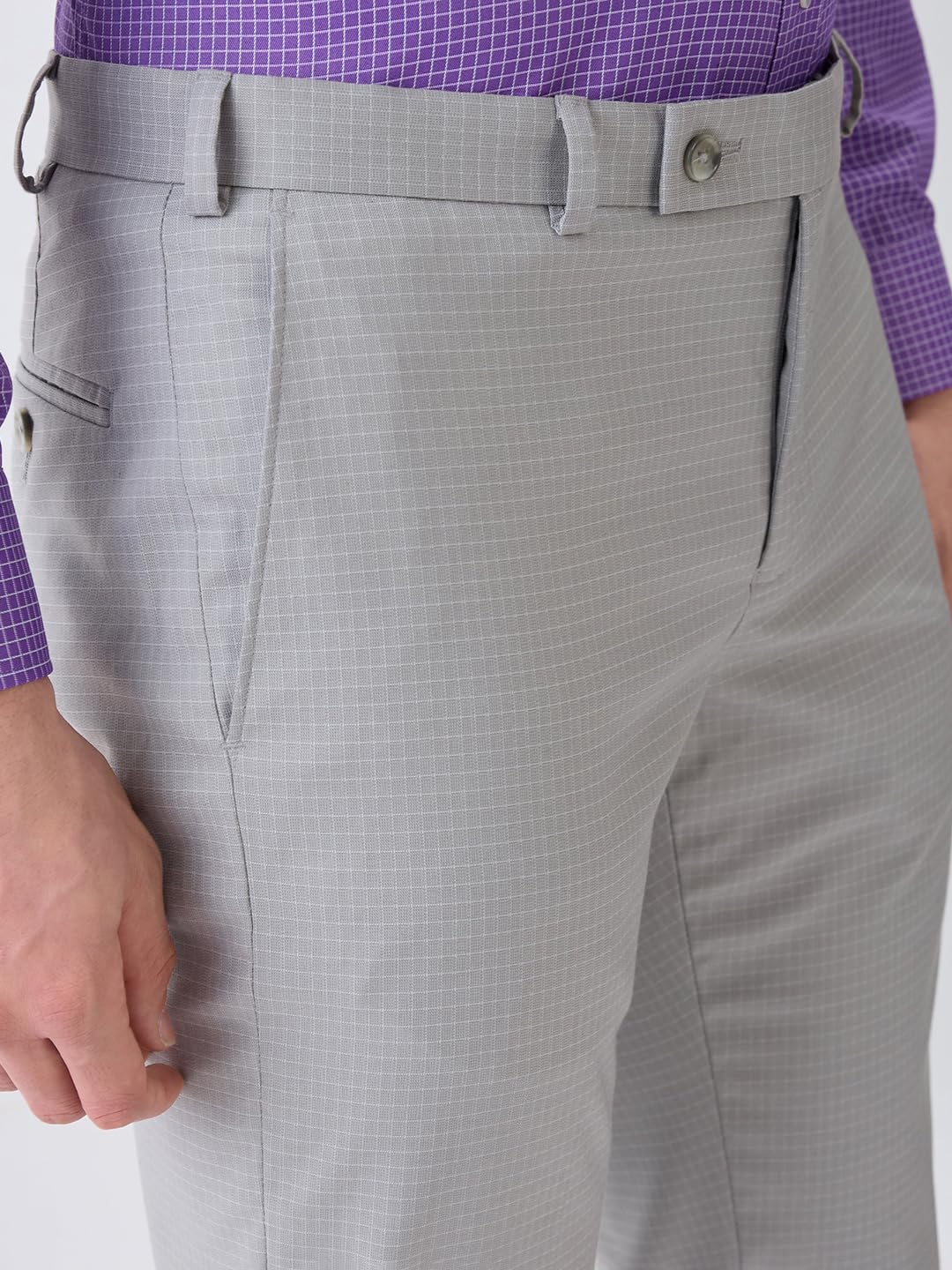 Park Avenue Men Slim Fit Checks Pattern Poly Viscose Blend Flat Front Formal Trouser (Size: 34)-PMTC08072 Light Grey