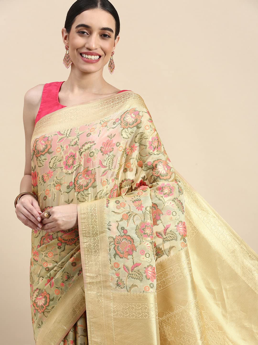 MOHEY Women's Saree, Suitable for Party, Anniversary & Wedding Sari for Women, All Over Jaal, Bordered Art Silk (Off White)