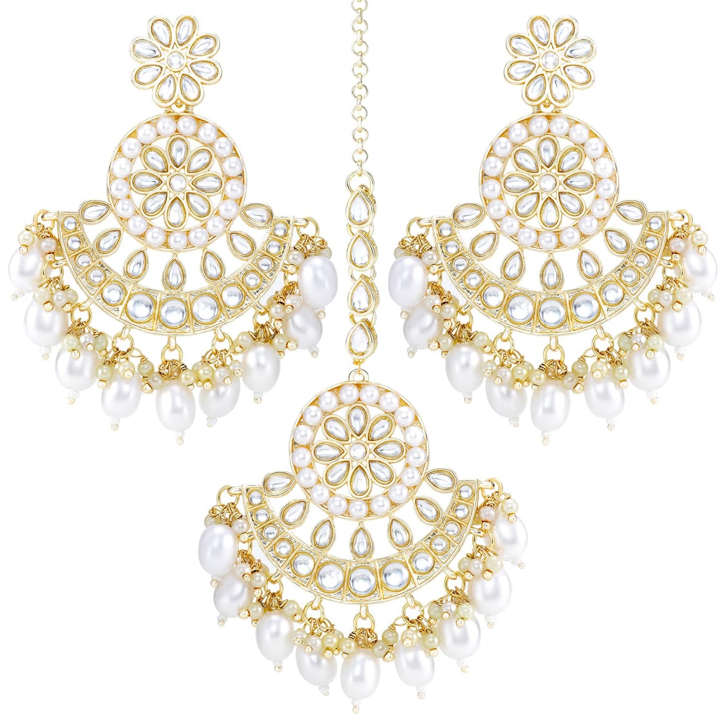 Peora Traditional Gold Plated White Kundan & Pearl Dangle Earrings & Maang Tikka Ethnic Stylish Jewellery Set Gifts for Women & Girls