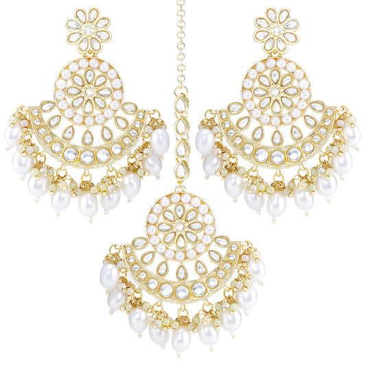 Peora Traditional Gold Plated White Kundan & Pearl Dangle Earrings & Maang Tikka Ethnic Stylish Jewellery Set Gifts for Women & Girls