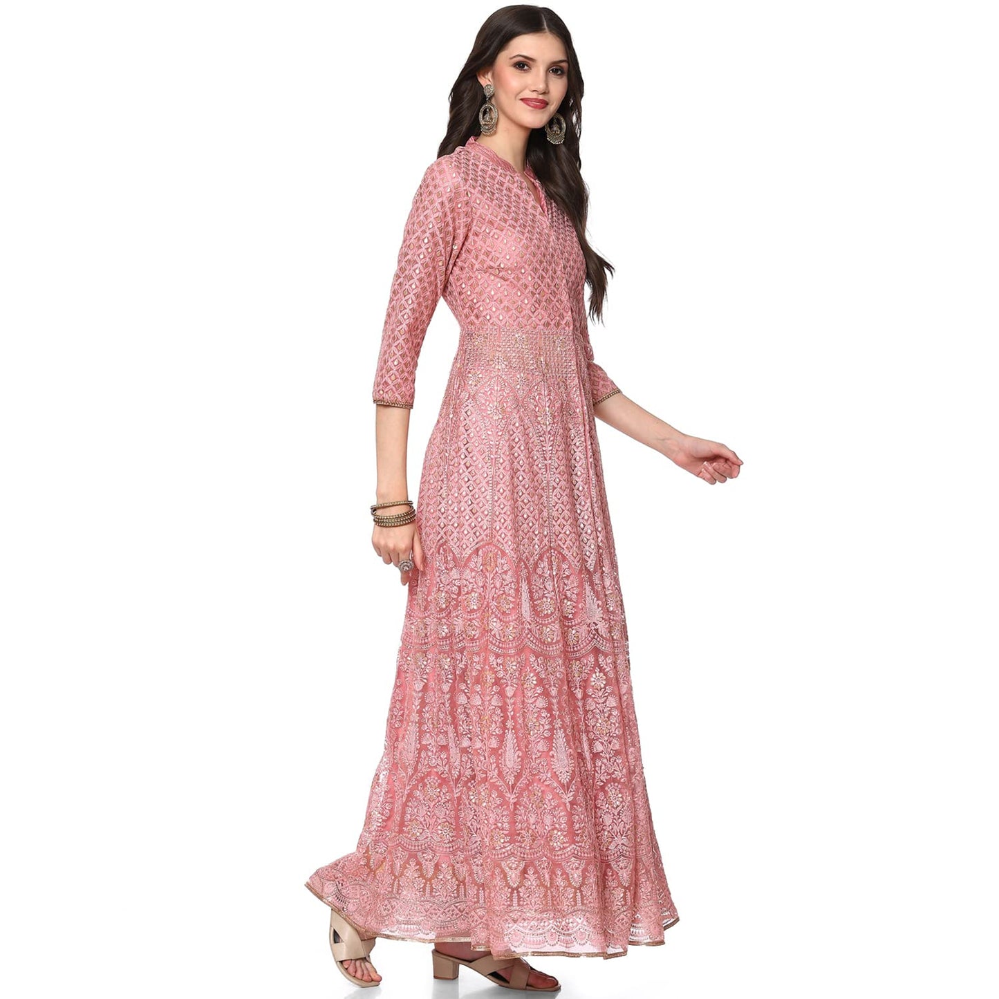 BIBA WOMEN EMBROIDERY FLARED SALWAR KURTA DUPATTA(SKD6463_DSKY PINK_38)