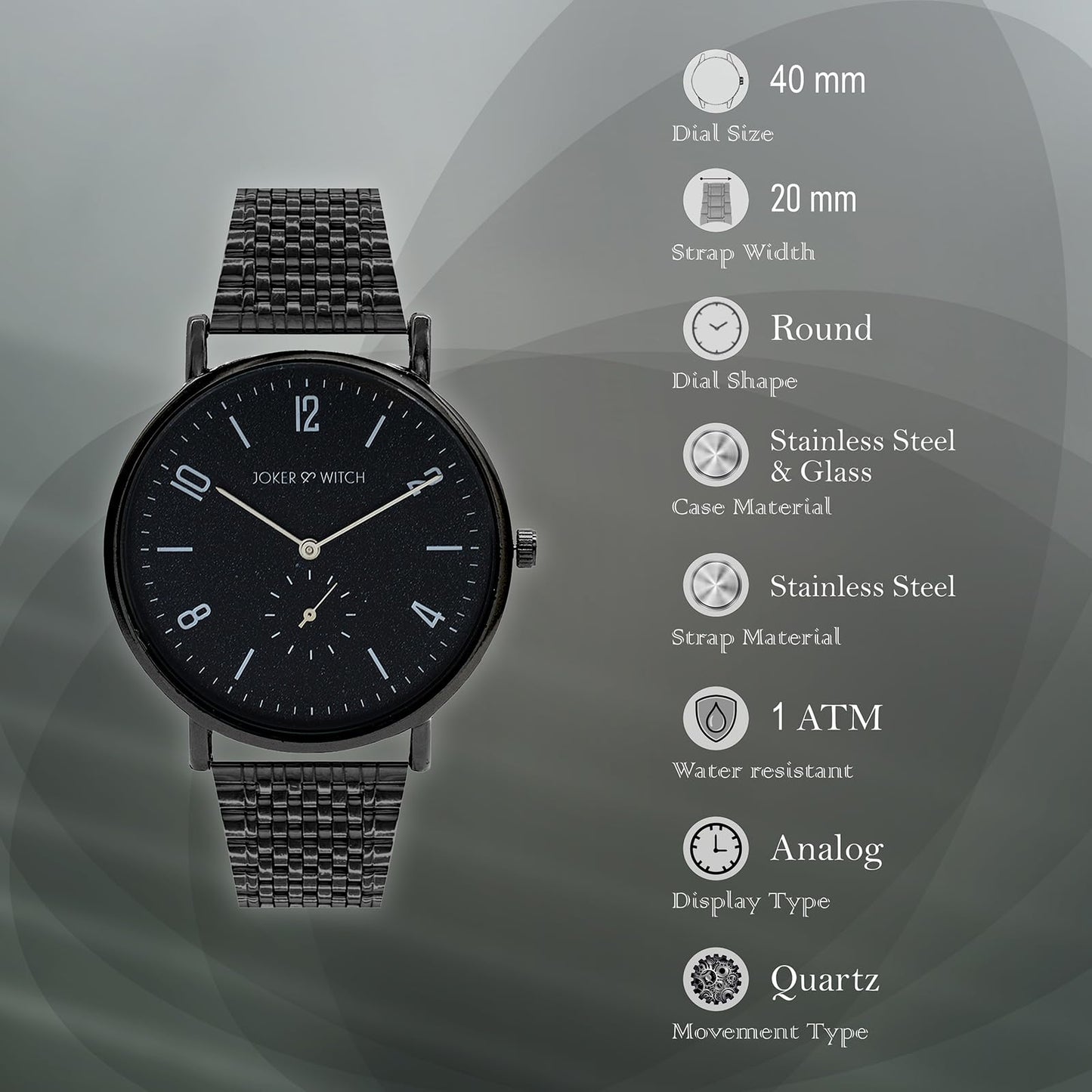 Joker & Witch Noel 40mm Black Dial 20mm Black Stainless Steel Watch for Men