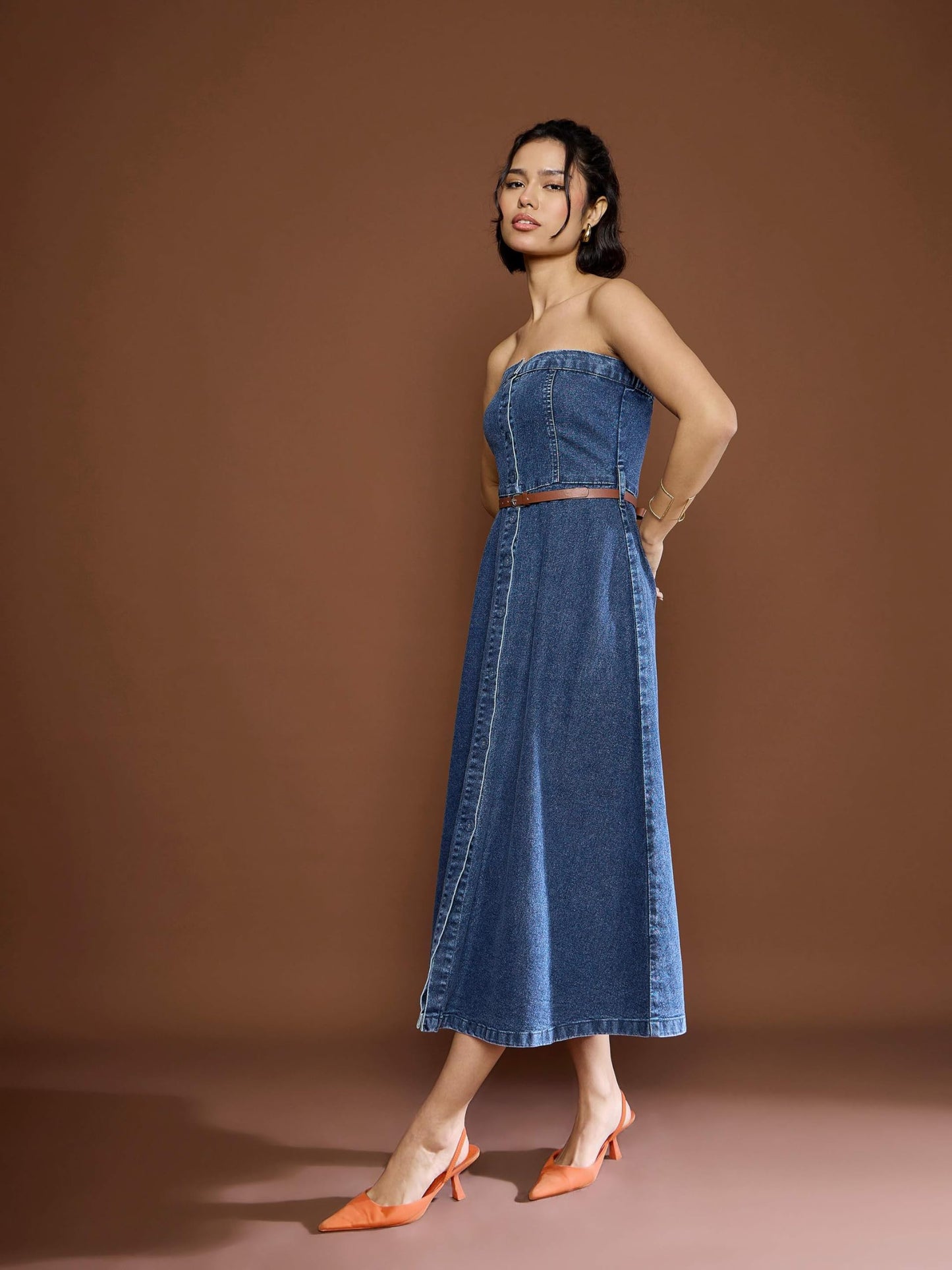 SASSAFRAS Women's Denim Tube Dress Below Knee SFDRSS12677