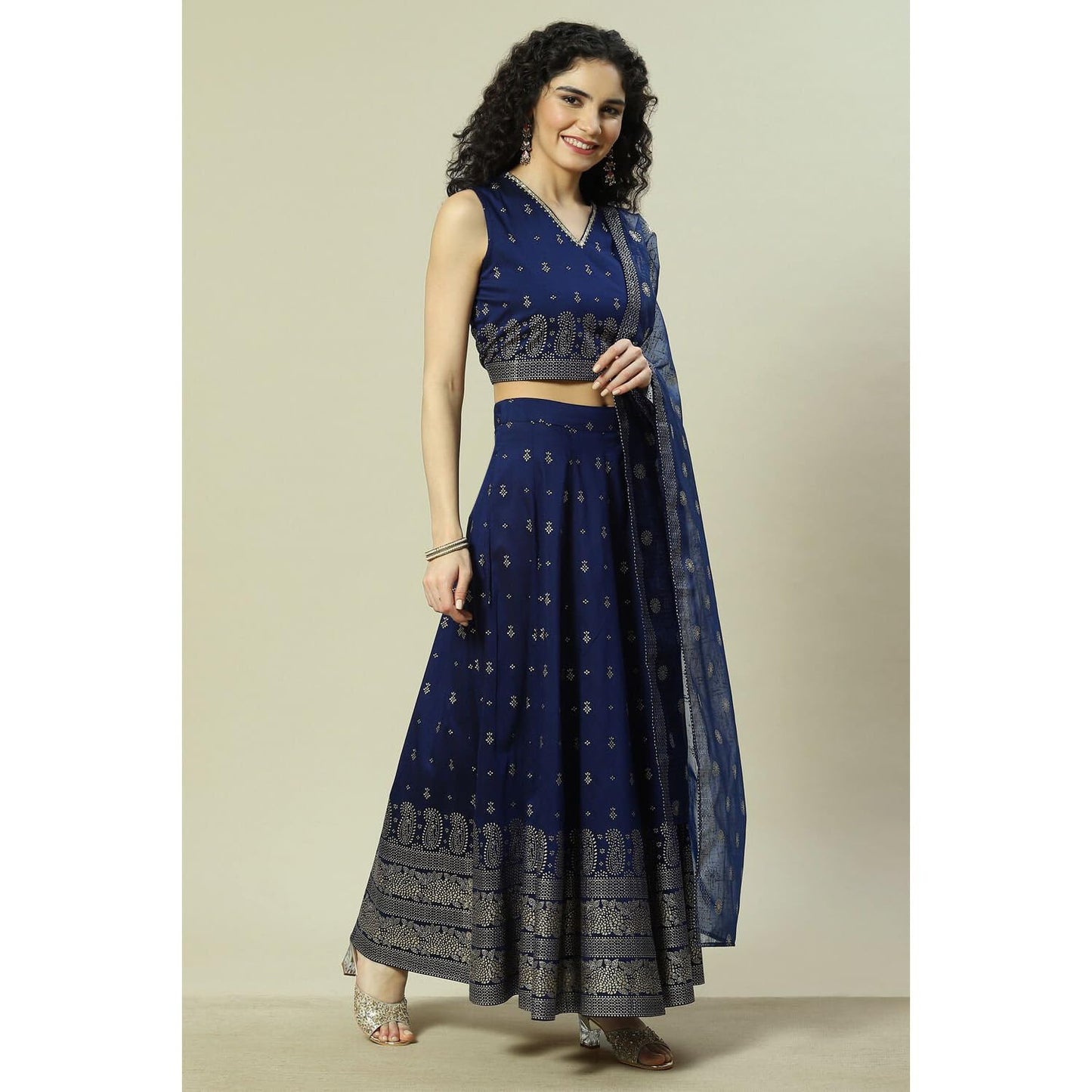 Rangriti Women Indigo Cotton Blend Woven Straight Lehenga Choli Set_42