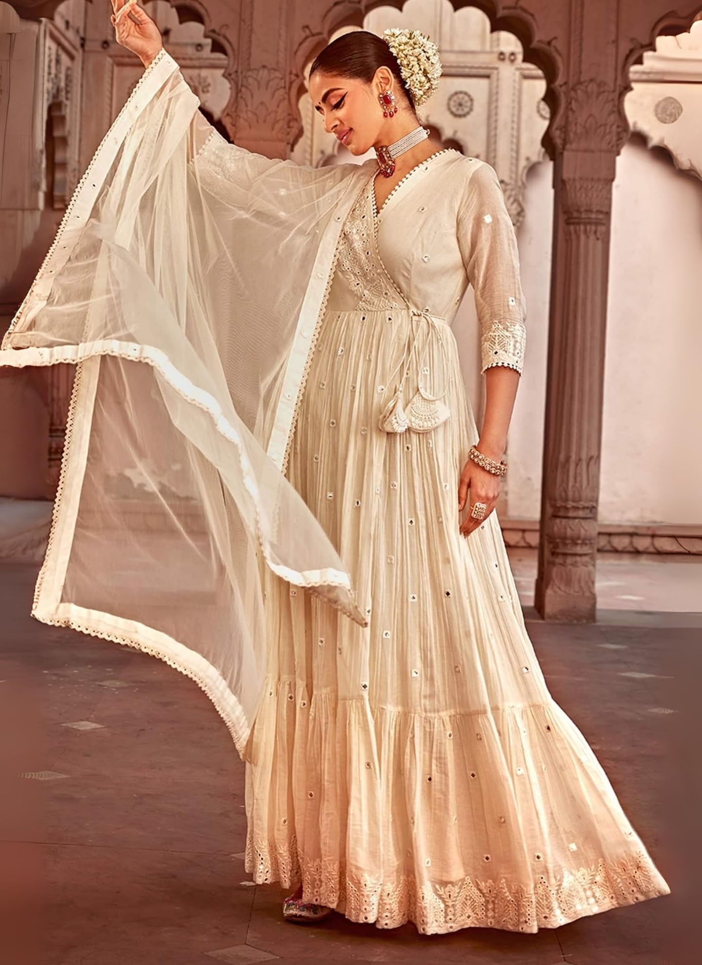 Elegant White Pure Cotton Angrakha Anarkali with Foil Mirror and Thread Embroidery Work