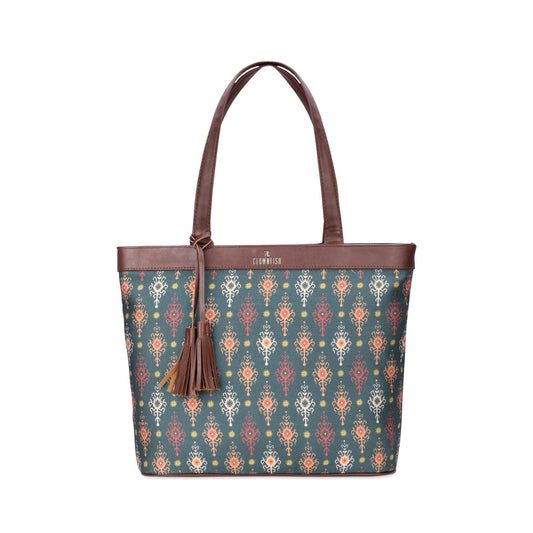 THE CLOWNFISH Casey series 15.6 inch Laptop Bag For Women Printed Handicraft Fabric & Faux Leather Office Bag Briefcase Hand Messenger bag Tote Business Bag (Green)