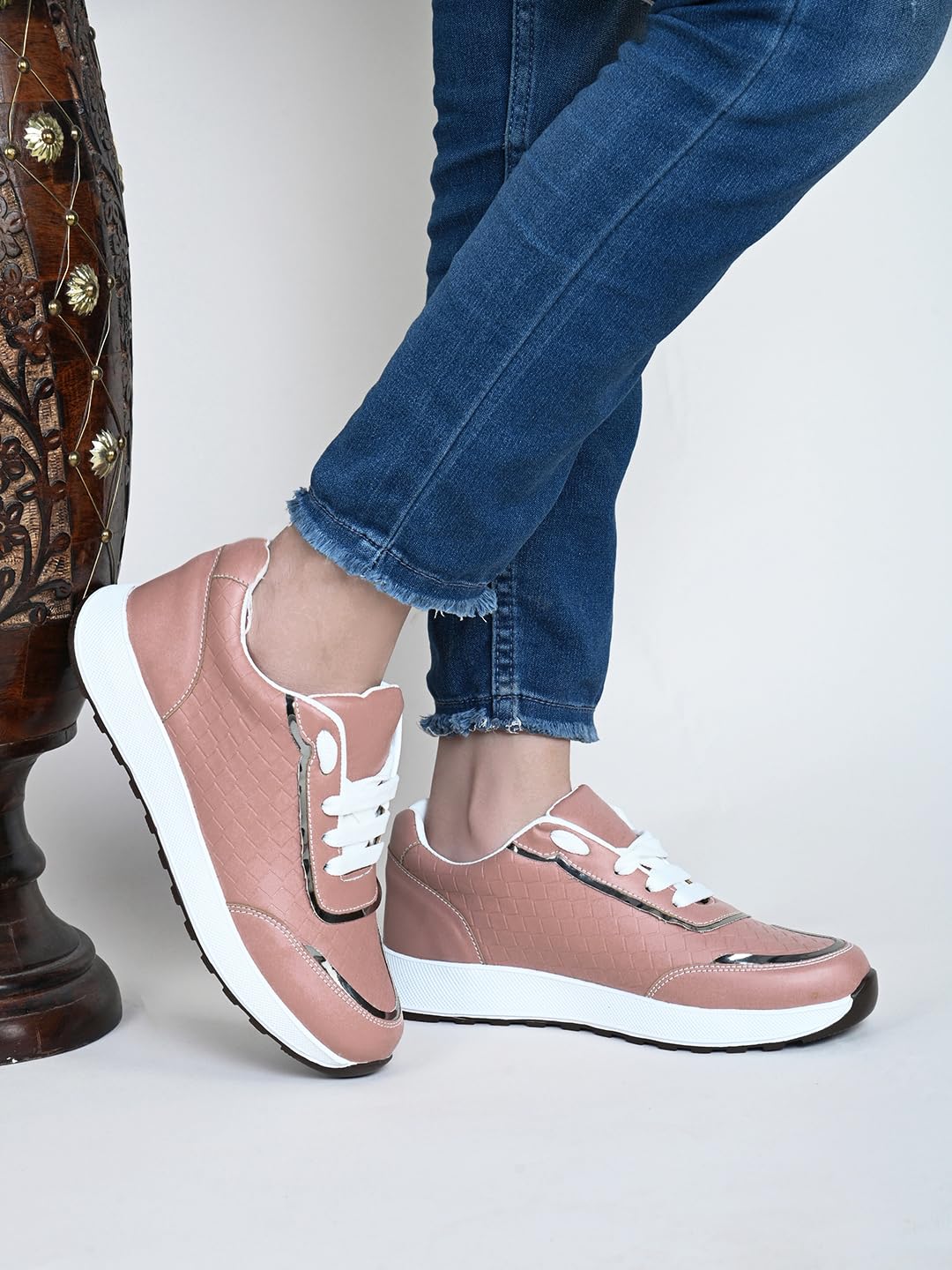 XE Looks Women's Peach Lace-Up Sneakers | Textured Design with Cushioned Sole | Trendy and Comfortable Sneaker Shoes For Girls & Women
