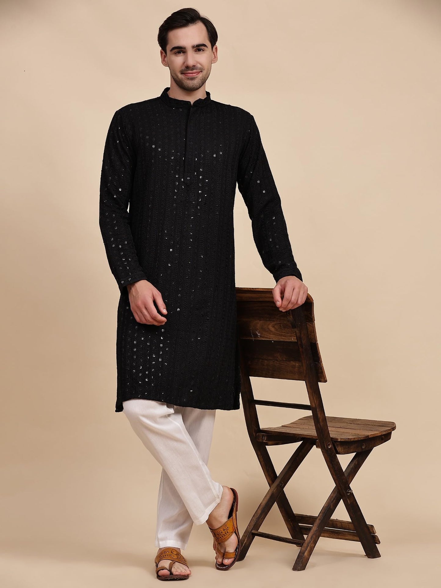 SKAVIJ Men's Viscose Rayon Embroidered Kurta Pajama Set Sequined Woven Design Festive Party Dress (KP137black_Black_XL)