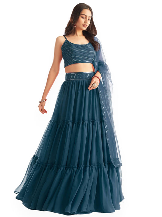 Zeel Clothing Womens Georgette Lehenga Choli Semi-Stitched Blue Wedding Bridal Free Size