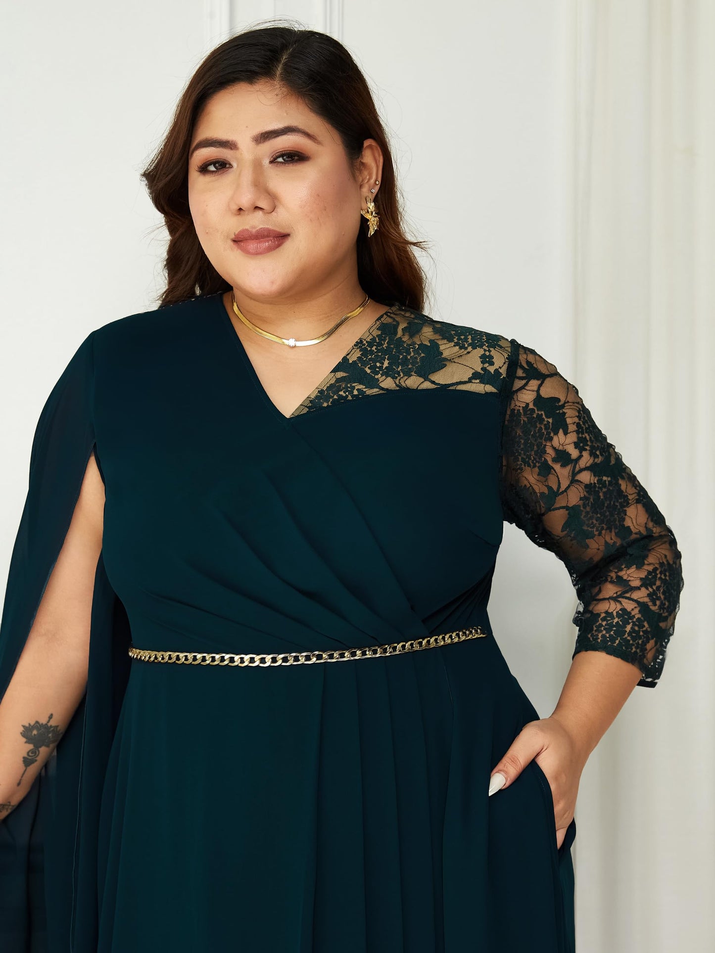 Miss Chase A+ Women's V-Neck Asymmetric Self-Designed Maxi Dress (APSS21D14-67-681-06, Tropical Teal, XL)