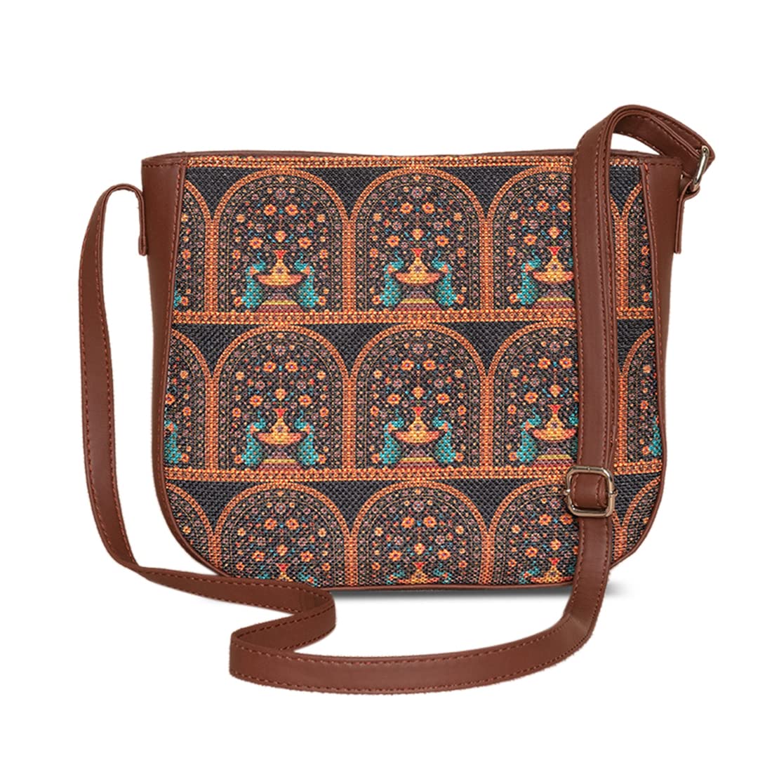 ZOUK Women's Handcrafted Black Royal Indian Motif Printed U Shaped Sling Bag