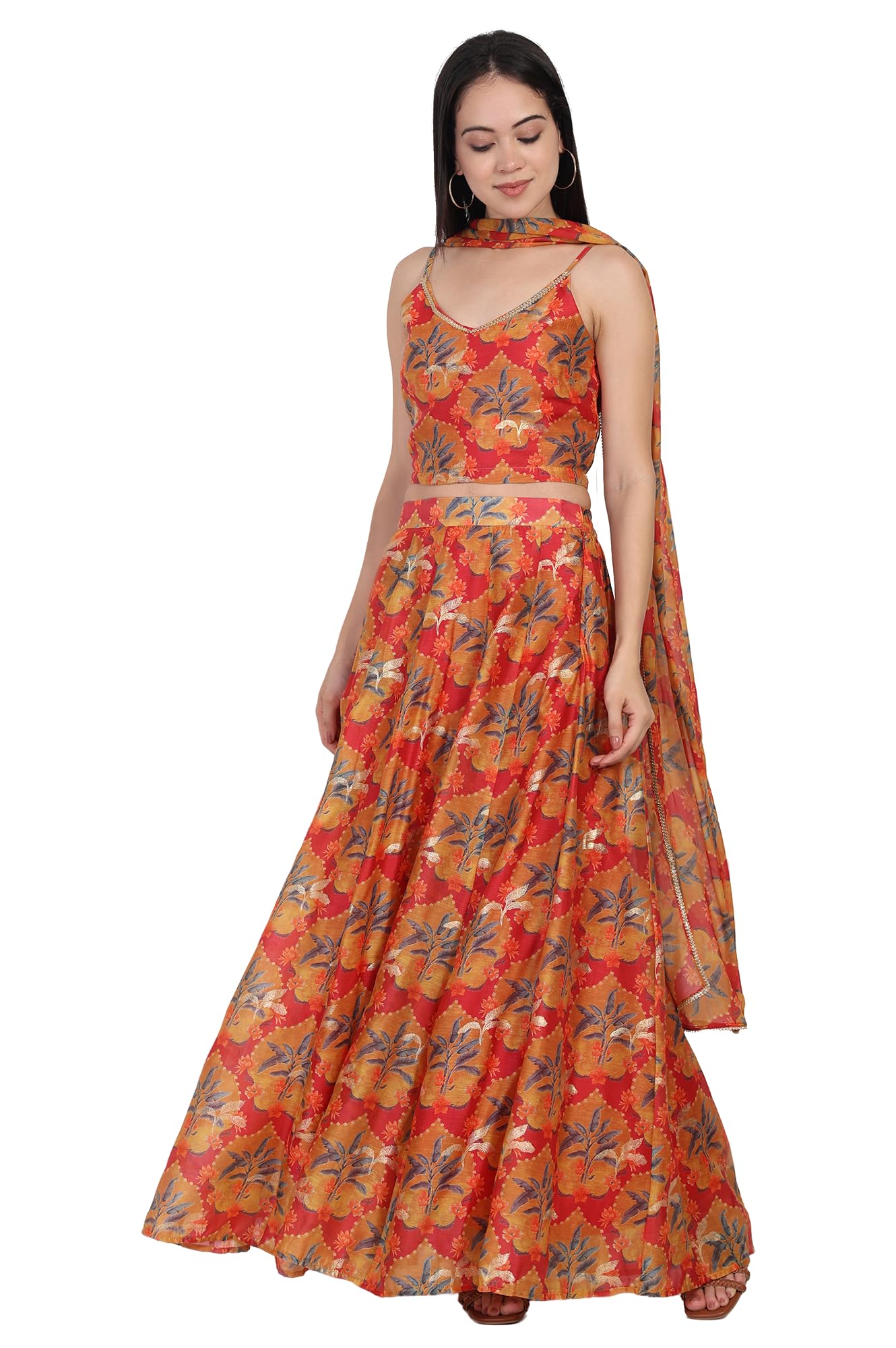 W for Woman Floral Printed Crepe Crop Top with Skirt and Dupatta Set (WS13899)