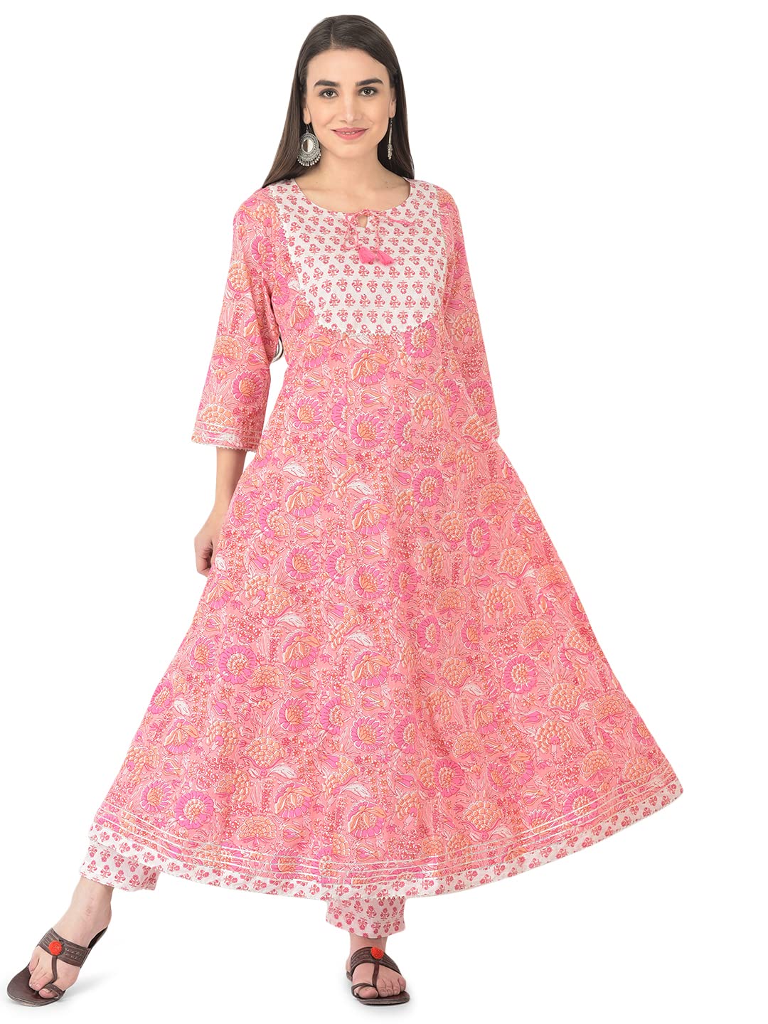 Pistaa's Women Cotton Anarkali Flair Suit Set (Pink, X-Large)