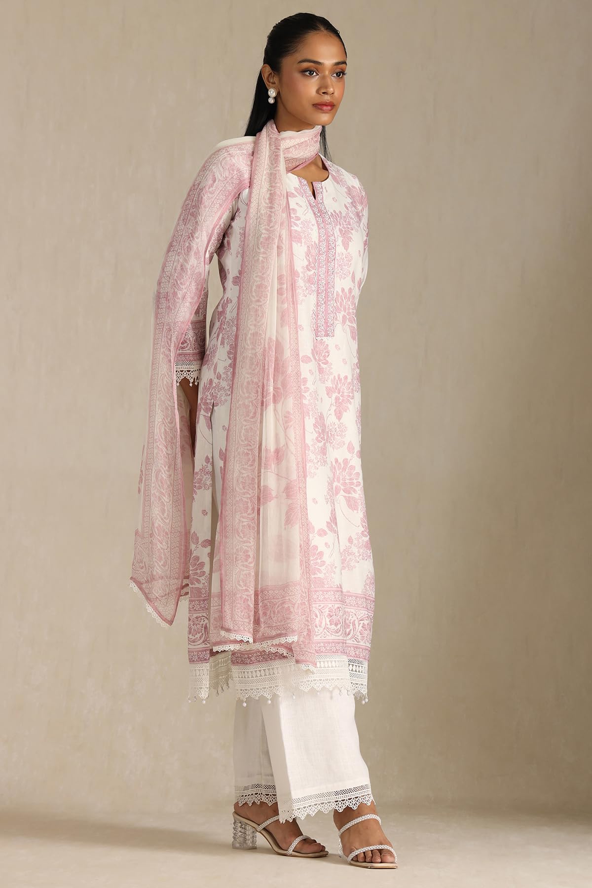 Soch Womens Off White Linen Floral Print Suit Set With Sequins