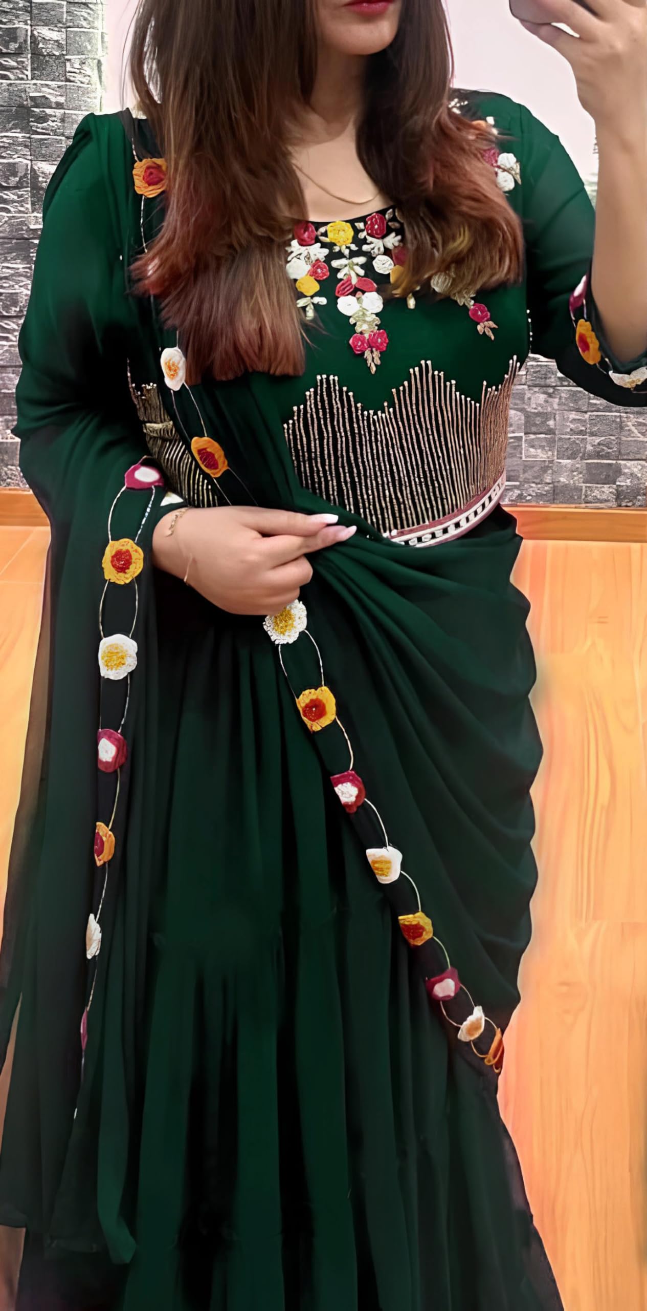 SHYAMLATA Women's Embroidered Georgette Green Crop Top Semi-stitched Lehenga Choli For Women (Party-Wedding-Bridal-Festive; Free Size) (Green)