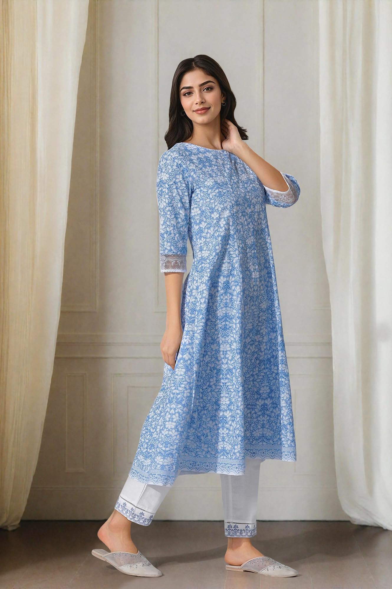 W for Woman Light Blue Floral Printed Flared Kurta, Straight Pants and Dupatta Set (Size: M)-24ONWS10817-123072