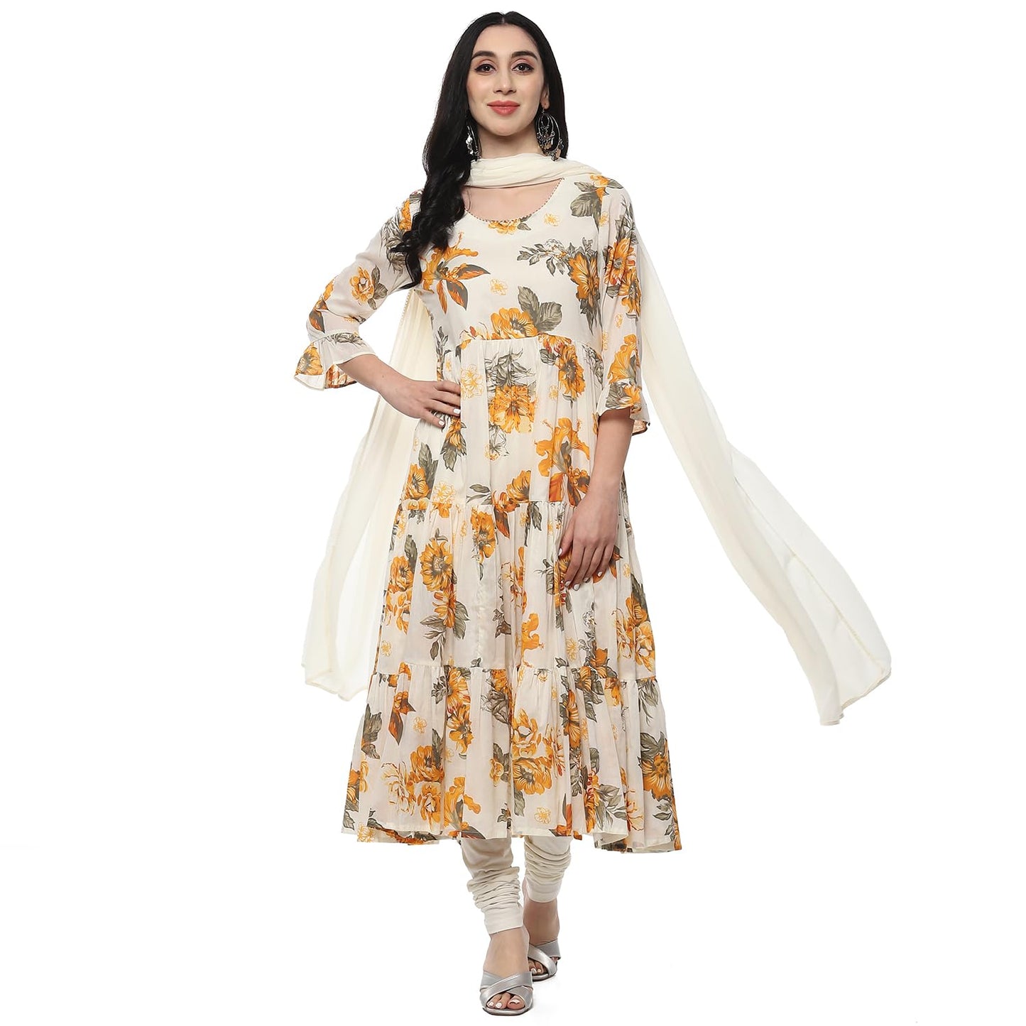 BIBA Women PRINTED TIRED SALWAR KURTA DUPATTA(SKDSUMMER BREEZE9409_OFF WHITE_36)