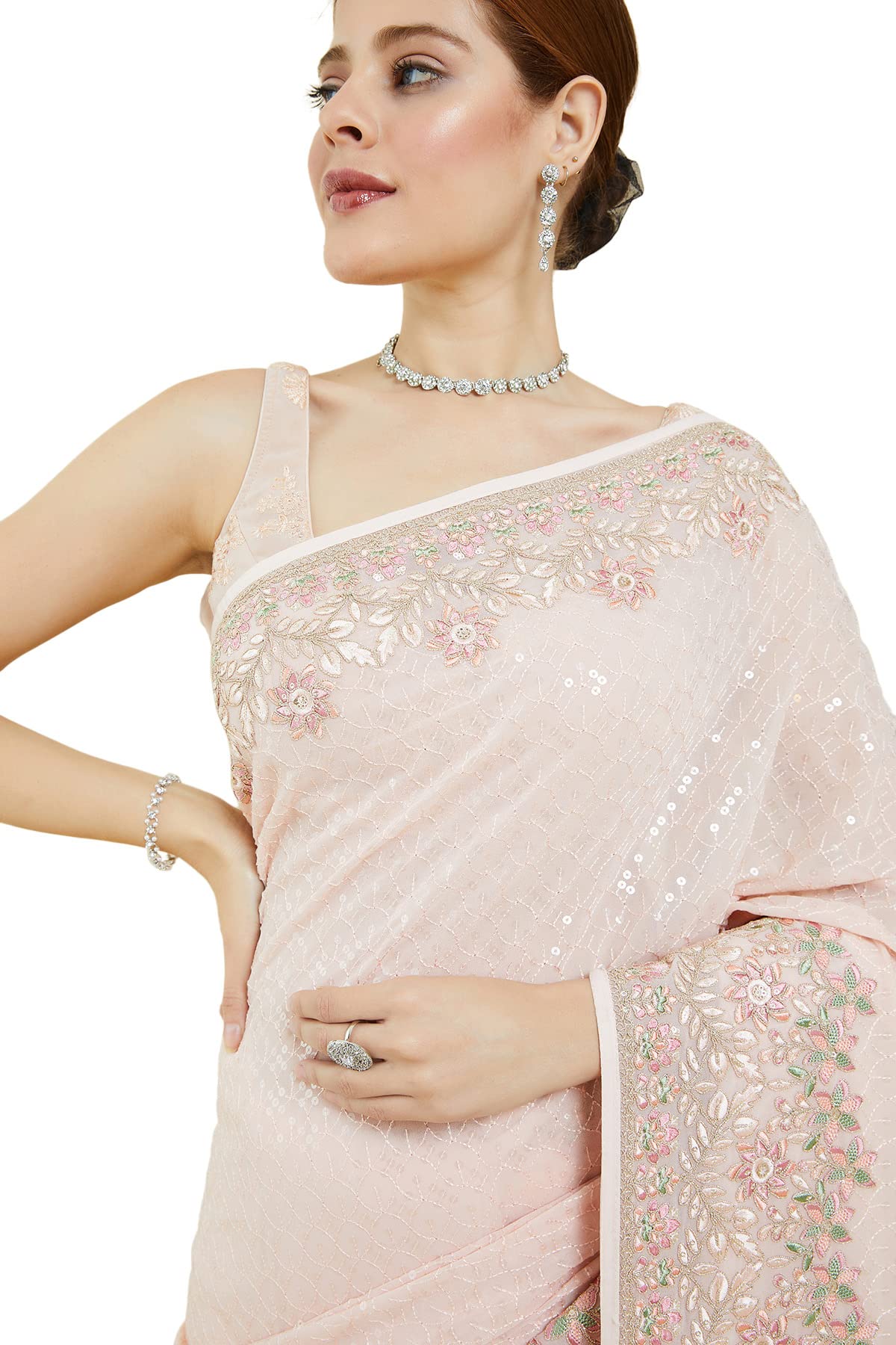 Soch Womens Peach Georgette Saree With Floral Embroidery And Sequins