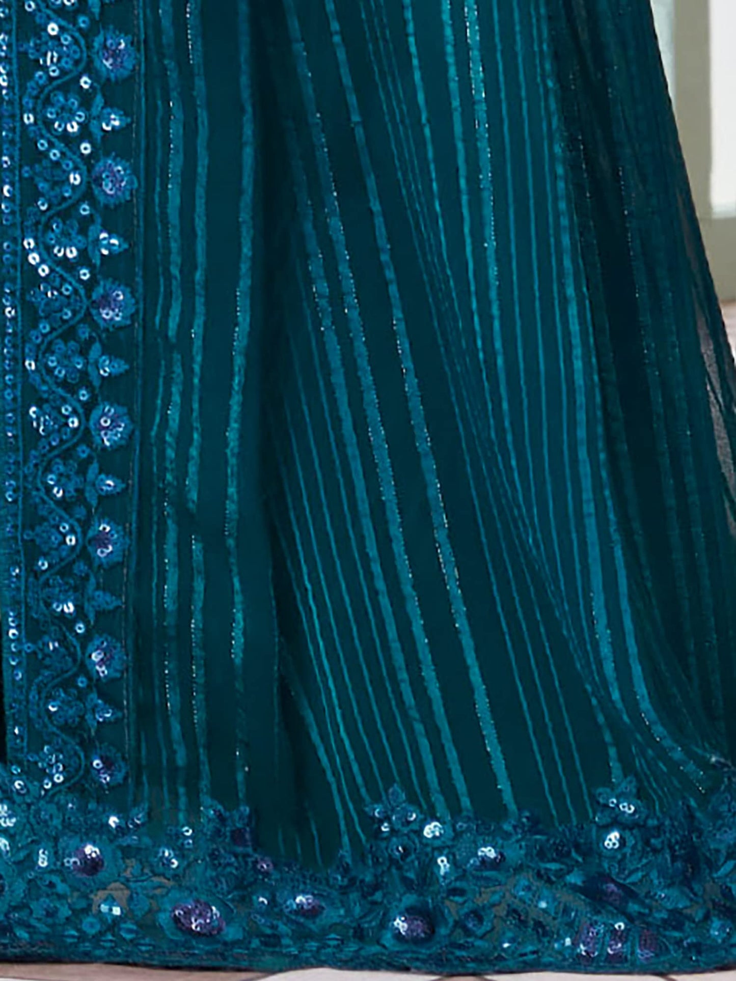 AKHILAM Women's Georgette Embellished Designer Saree With Blouse Piece (Teal blue_SILVER27010_TFH)