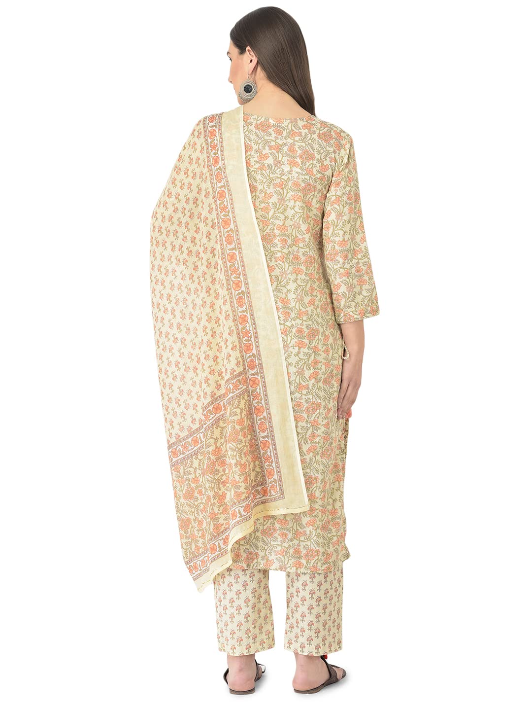 Pistaa's Women Cotton Straight Printed Suit Set (Cream, Large)