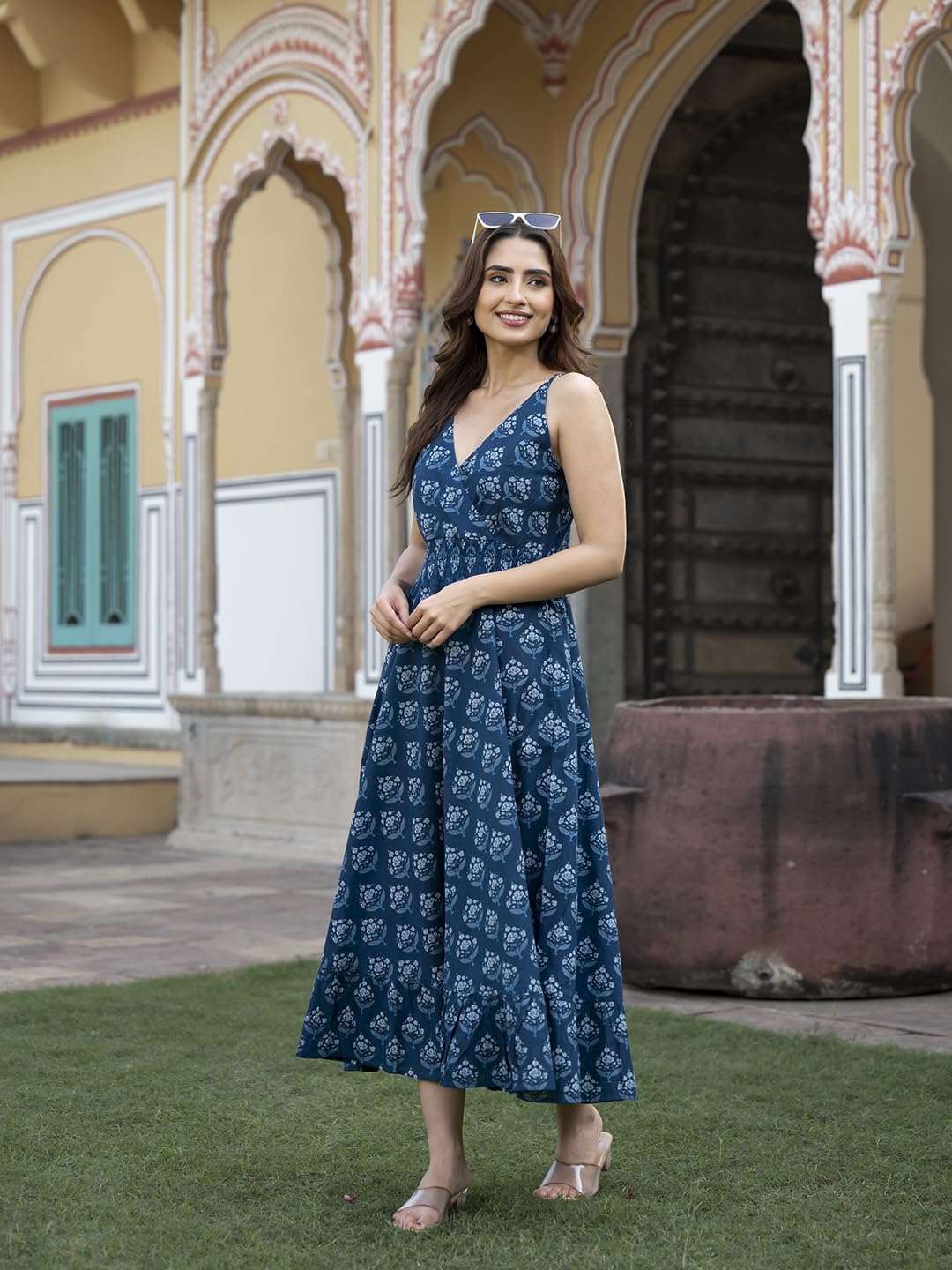 Divena Navy Blue Floral Print Pure Cotton Fit & Flare Dress