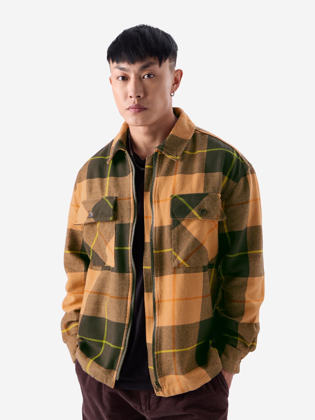The Souled Store Ochre Vibes Men and Boys Long Sleeve Zipper Front Oversized Fit Cotton Flannel Shackets Men's Flannel Shirt Winter Plaid Thick Jackets Shackets for Men Outerwear Layering Shirts
