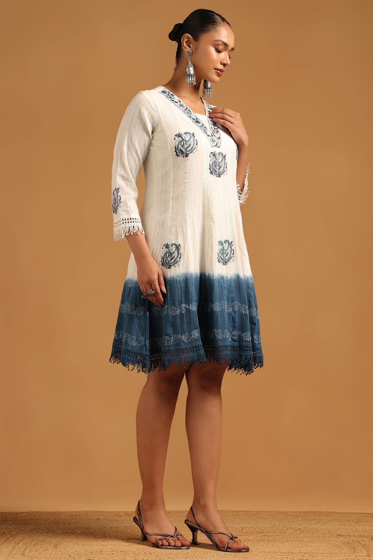 Soch Womens Off White Cotton Dobby Botanical Dress with Lace