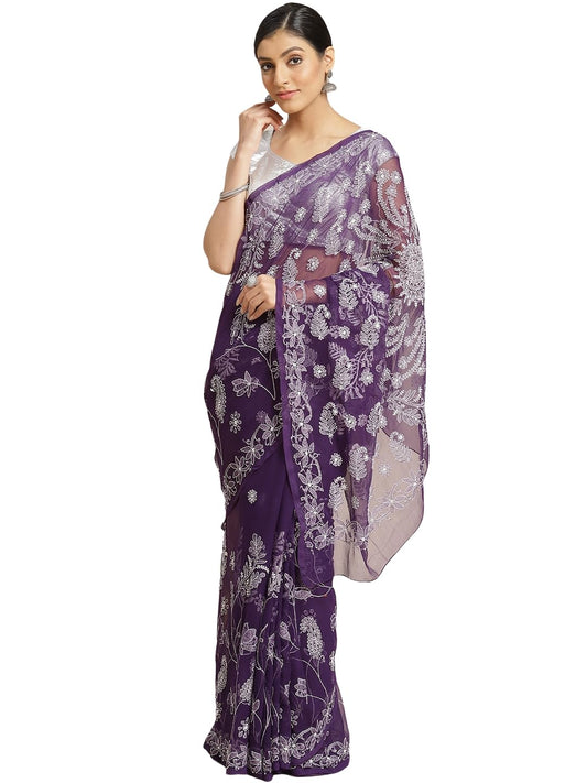 Ada Lucknow Chikankari Hand Embroidered Women's Georgette Saree with Unstitched Blouse Piece A130081 Purple
