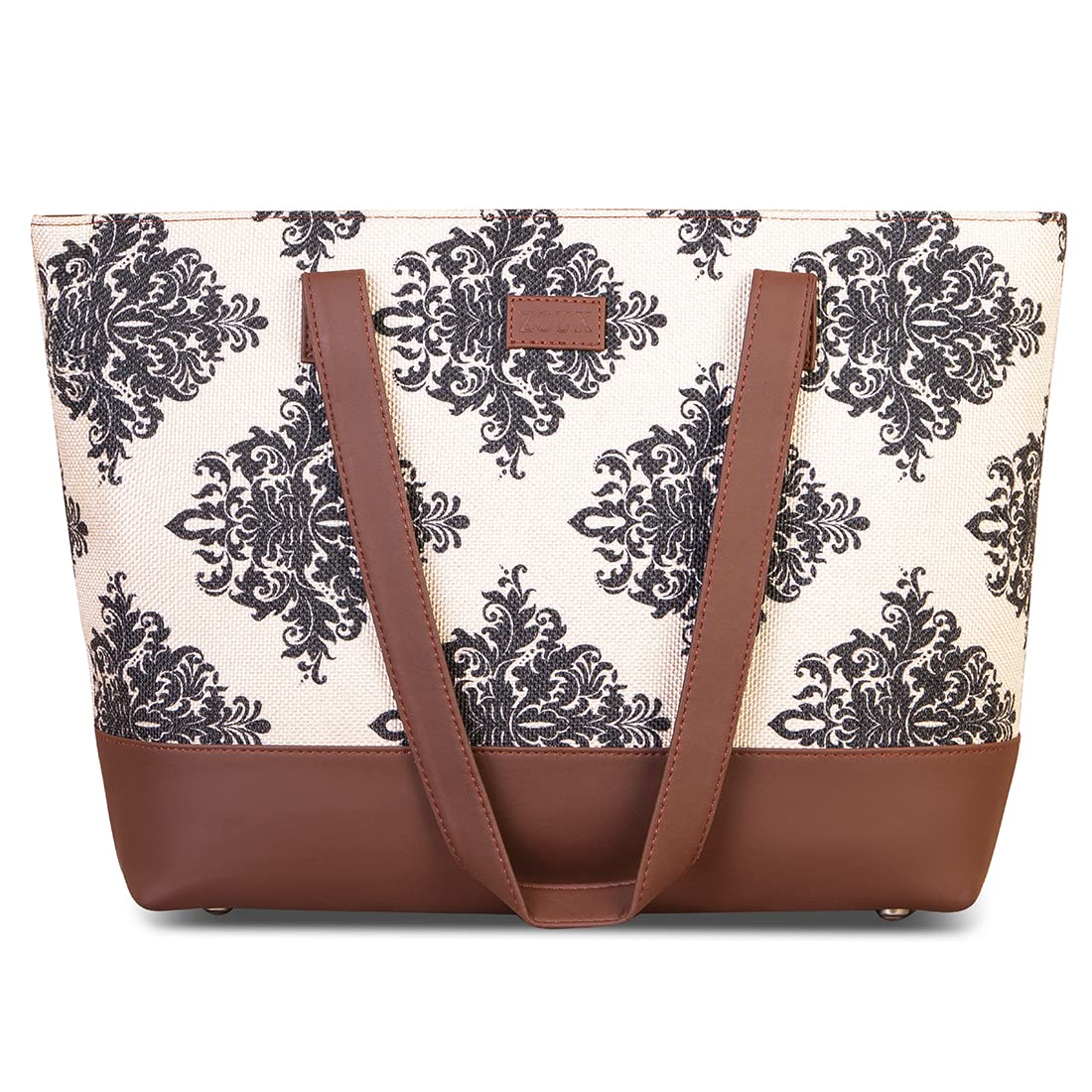 ZOUK Women's Handcrafted Cream and Black Mughal Motif Tote Bag and Handbag for Office and College