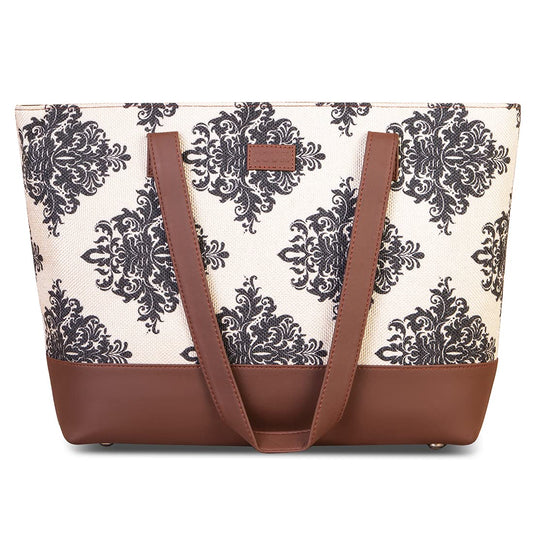 ZOUK Women's Handcrafted Cream and Black Mughal Motif Tote Bag and Handbag for Office and College