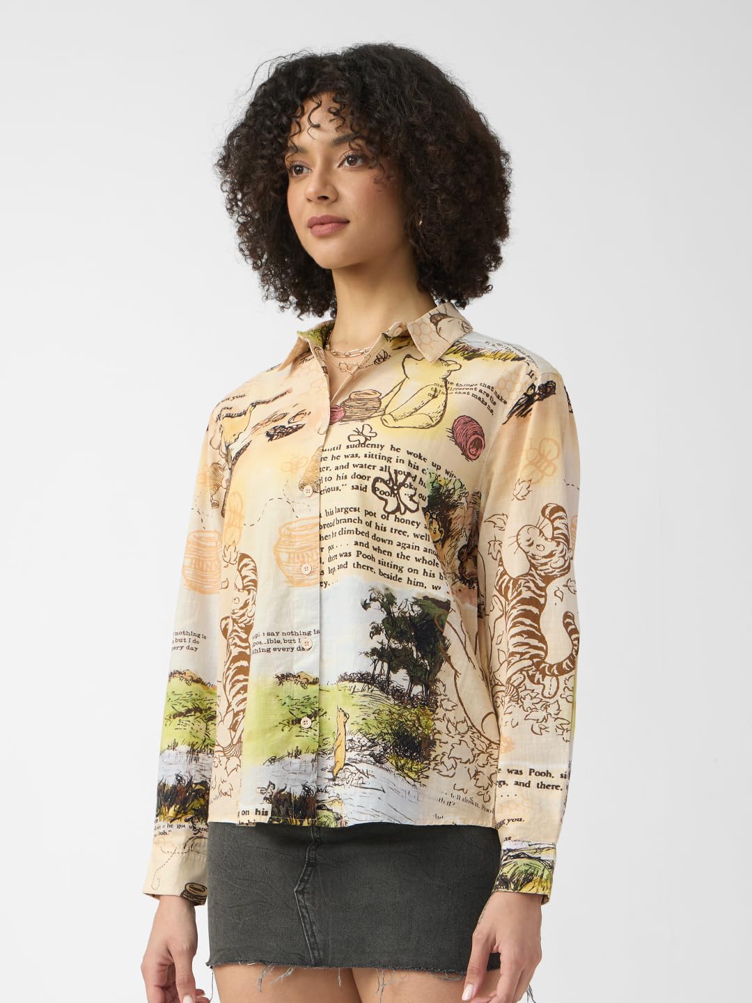The Souled Store Winnie The Pooh: Wonderland Women and Girls Long Sleeves Collared Neck Button Front Beige Printed Regular Fit Cotton Shirts
