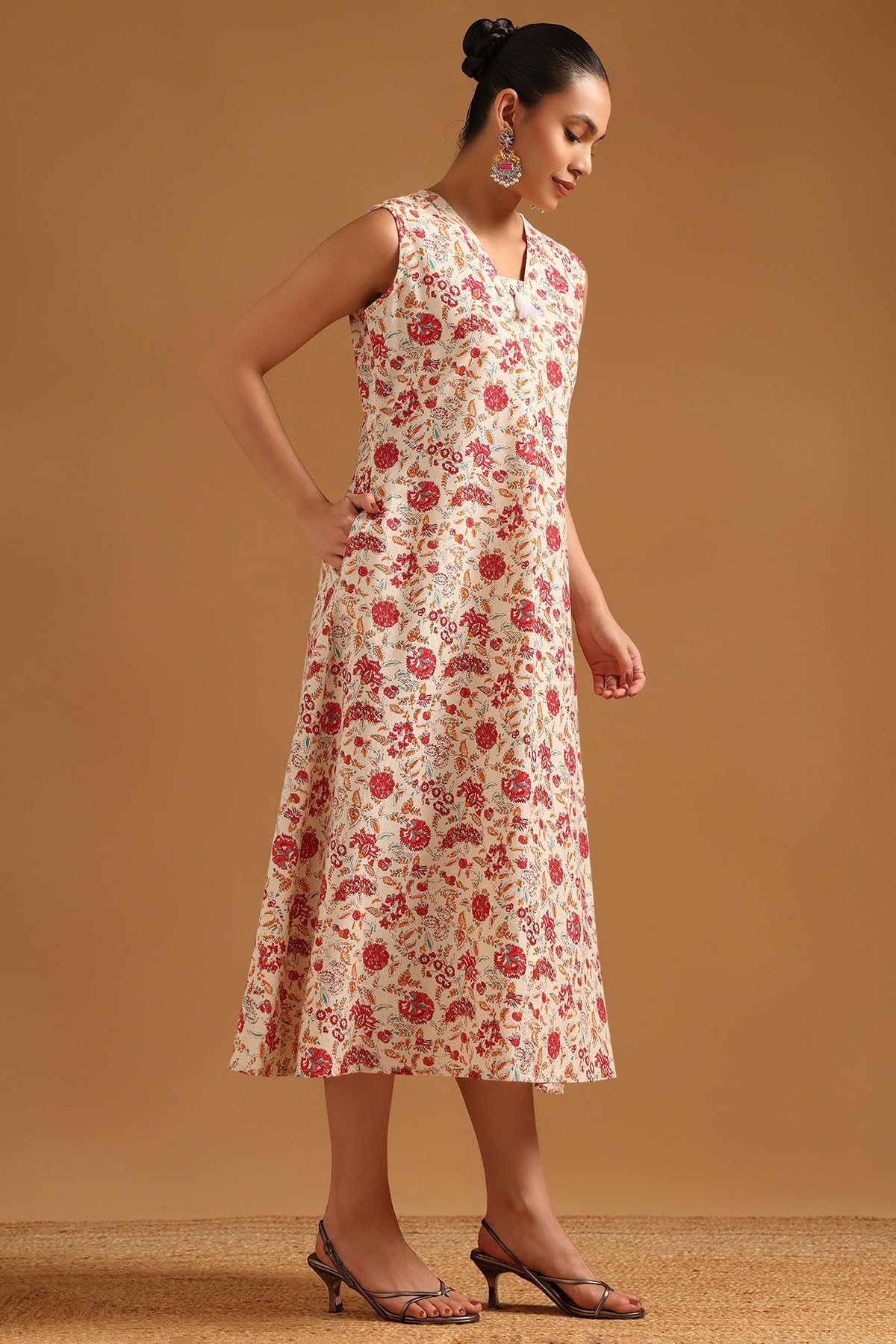 Soch Womens Red Cotton Flex Botanical Dress with Tassels