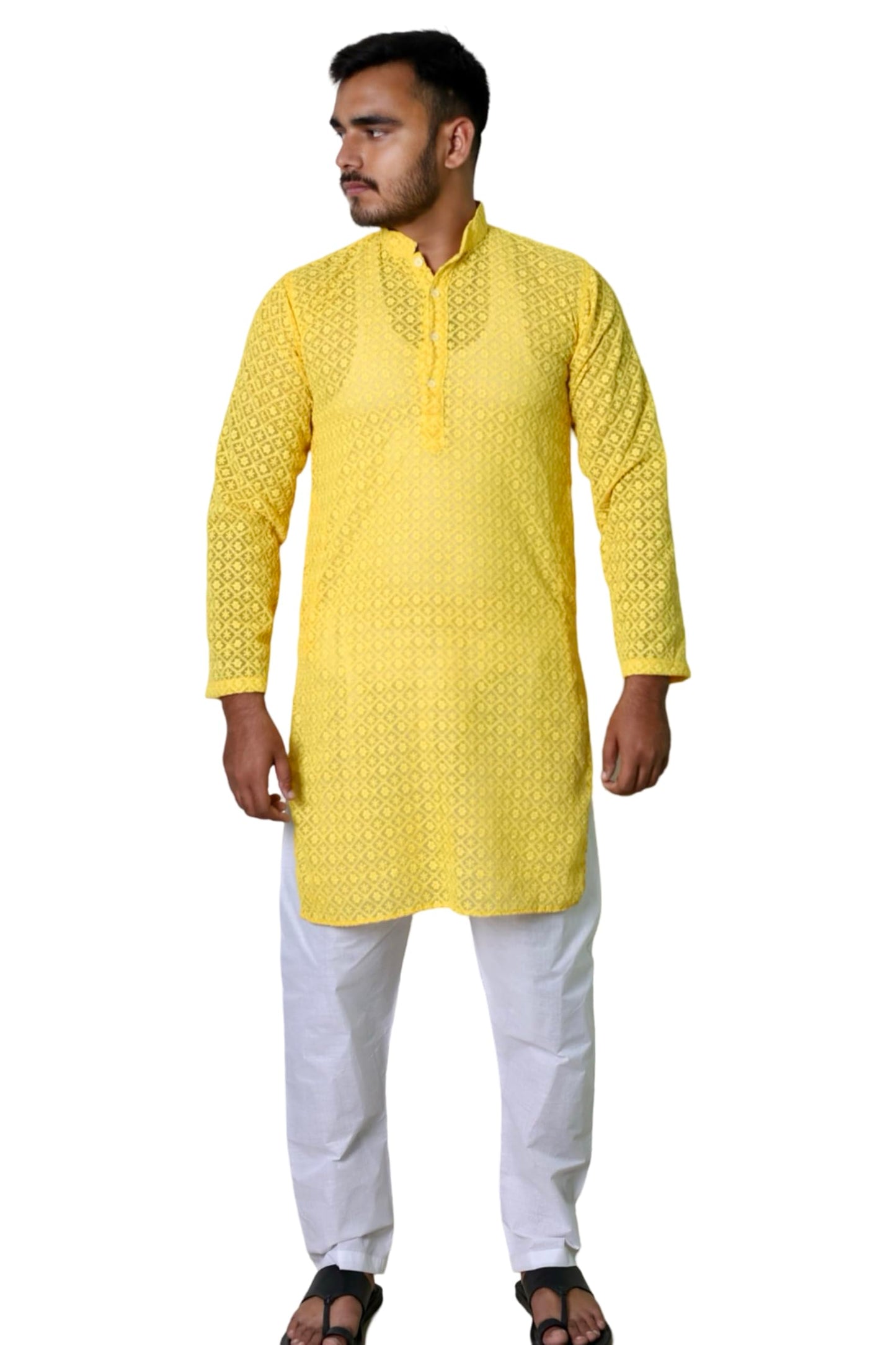 KASANI Men's Chikan Embroidery Kurta Georgette Long, Mandarin Collar, Full Sleeves, Knee-Length, Ethnic Wear Kurta for Men Dark Yellow