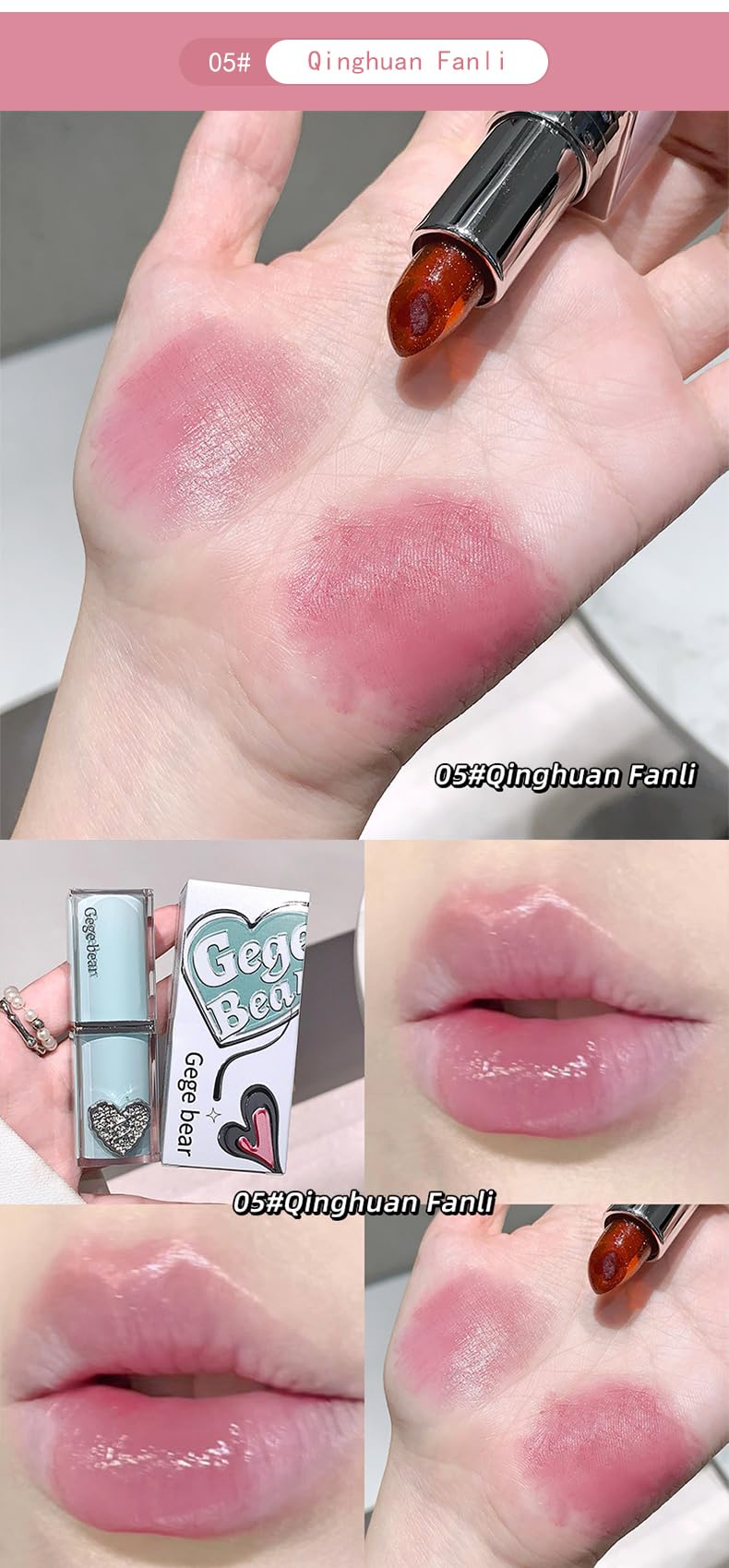 Gege Bear Crystal Clear Love Sandwich Lipstick for Women | Glossy Mirror Shine | Moisturizing, Lightweight & Non-Sticky Formula | Love-Tinted Colors that Glide Like Butter | 6 Irresistible Shades to Steal the Spotlight | (02# Light Rose, 3.8g)