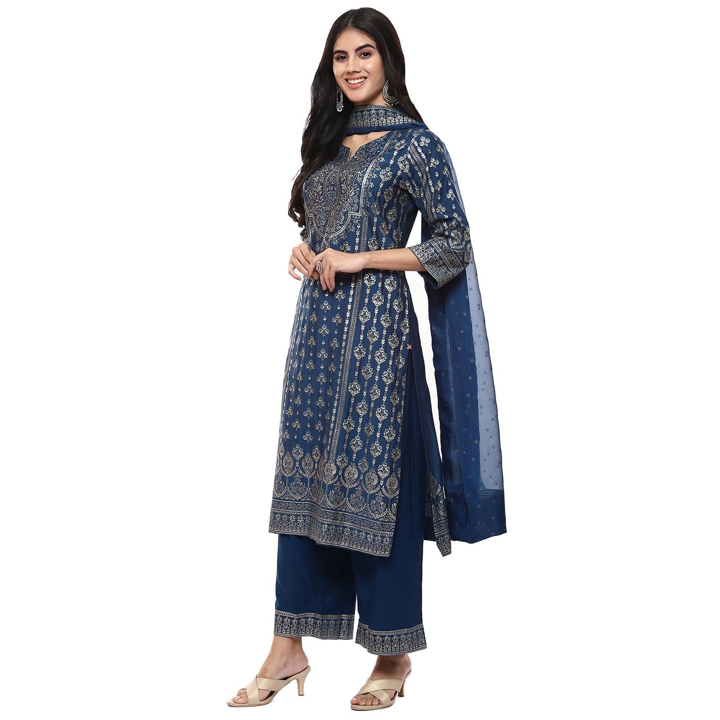 BIBA Women Polyester Blend Printed Straight Salwar Kurta Dupatta(Skddurgotsa8916_Teal_36), Green