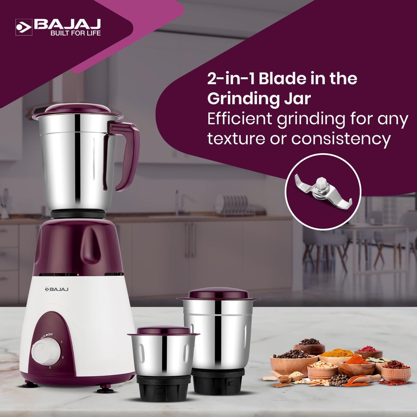 Bajaj Rex Mixer Grinder 500W | Mixie For Kitchen With Nutri-Pro Features | 3 SS Mixer Jars For Heavy Duty Grinding | Adjustable Speed Control | Multifunctional Blade System | 2 Yr Warranty【Purple】