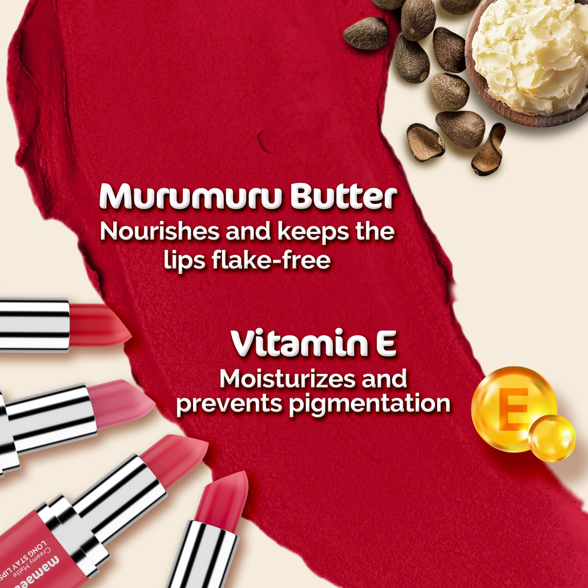 Mamaearth Creamy Matte Long Stay Lipstick with Murumuru Butter and Vitamin E for 8-Hour Long Stay (Flakeproof & Non-Drying | Intense Color Payoff) - 4.2g (Rose Nude)