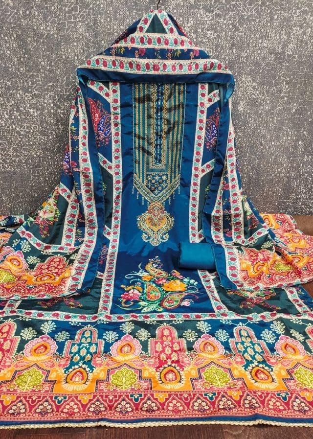 VARNI FABRICS Chinnon Dress Material for Women Digital Print Unstitched Woman Salwar Suit Dress Material With Chinnon Dupatta Teal Blue