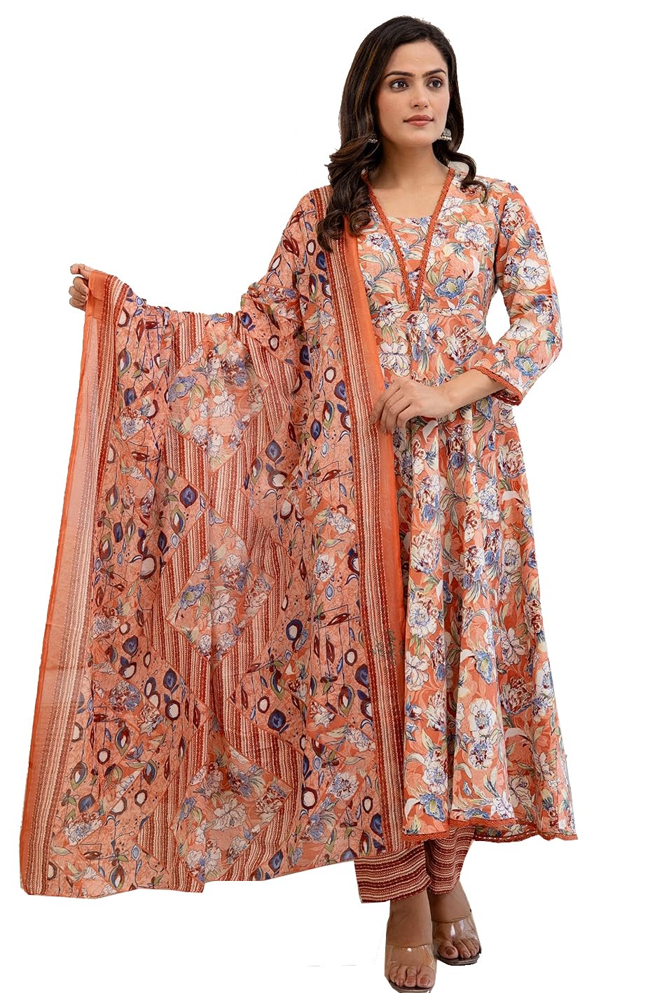 PARTHVI Women's Printed Cotton Anarkali Kurta and Pant with Dupatta Set (6X-Large Peach)