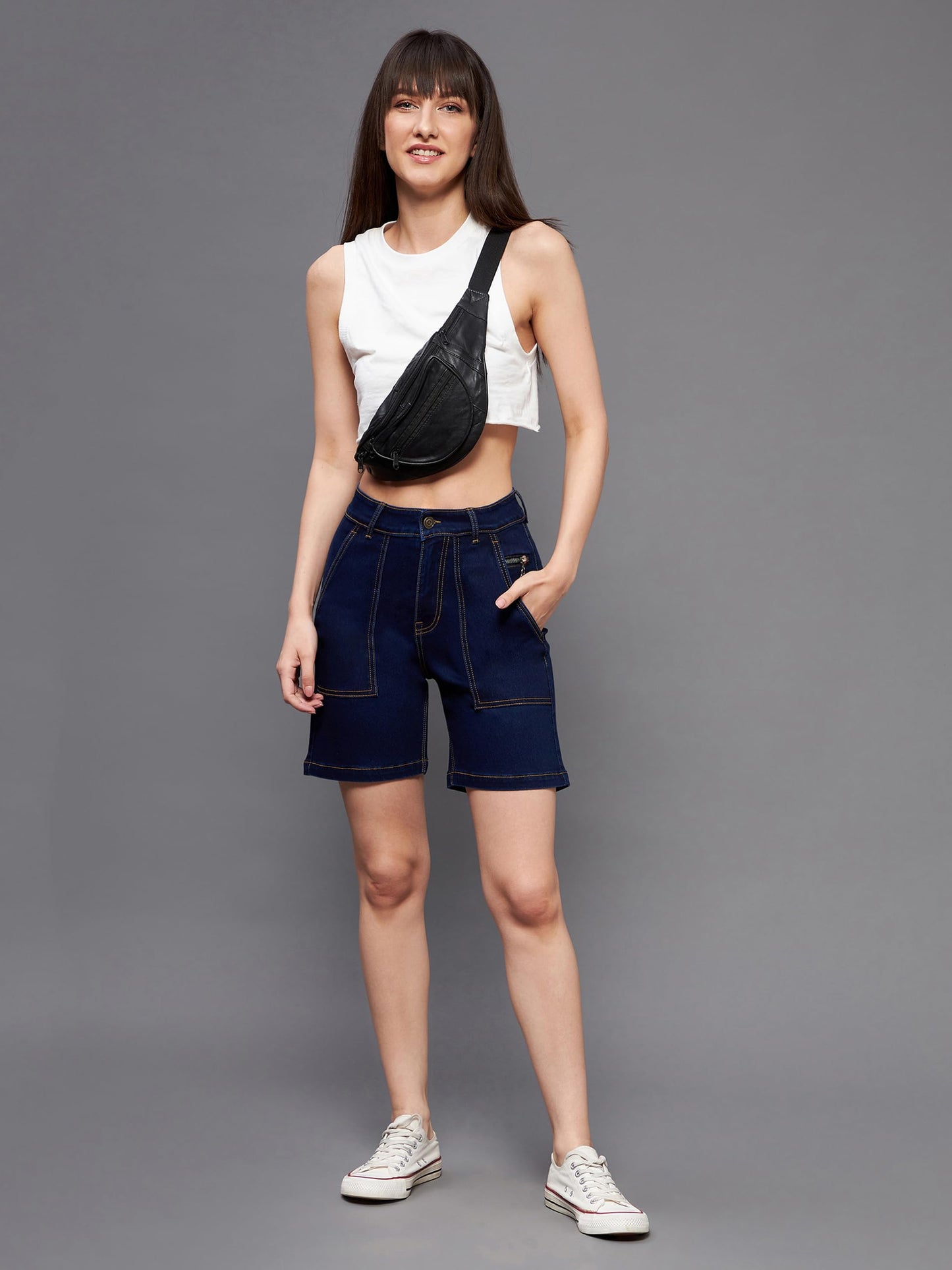 Miss Chase Women's Regular Length High Rise Clean Look Above Knee Stretchable Denim Shorts (MCSS22DEN09-06-71-26, Navy Blue, 26)