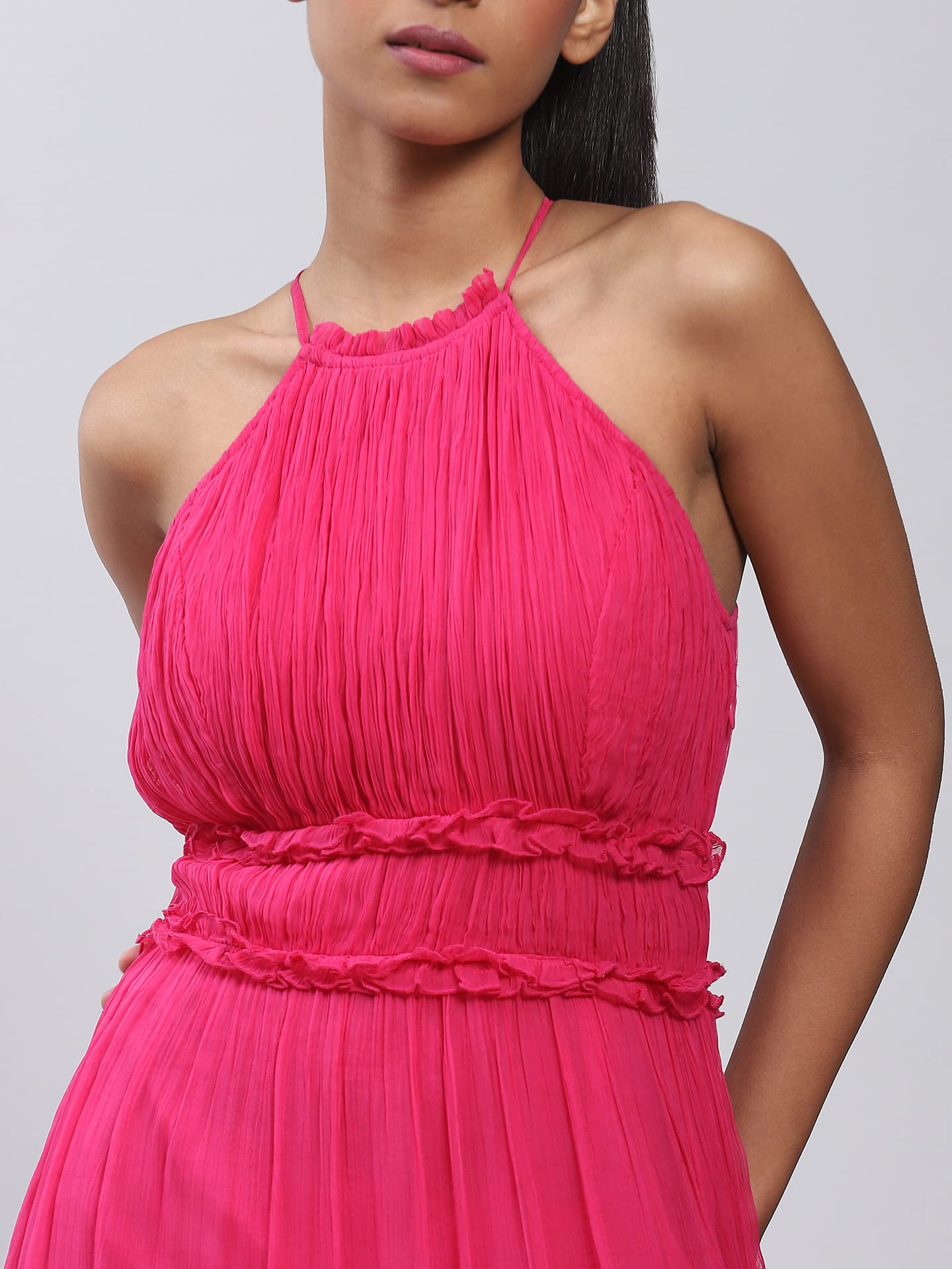 Label RITU KUMAR Halter Neck Solid Long Dress Pink