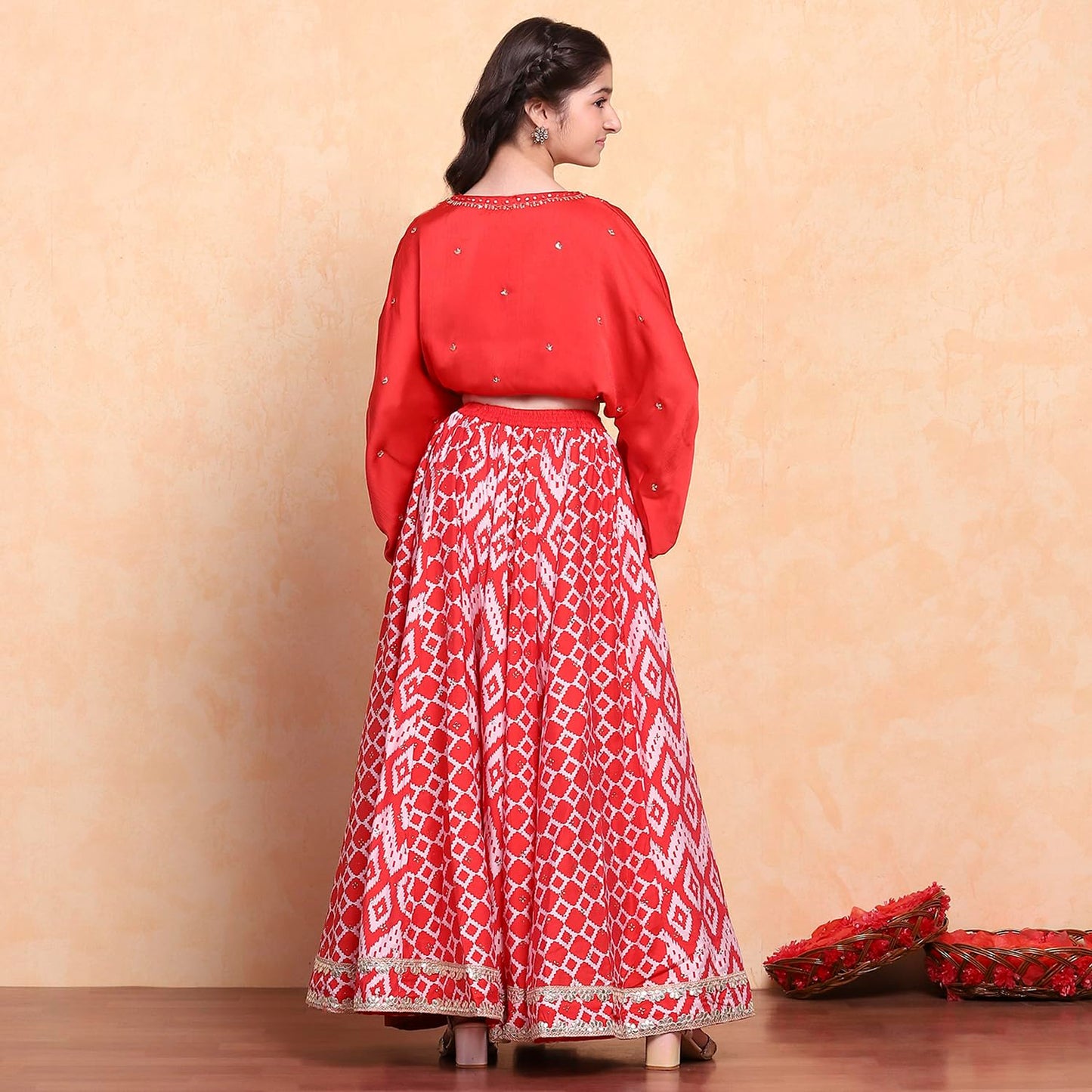 Biba Girl's Polyester Lehenga Set (KWSNKIS6316SS25RED_Red_16-17 Year)