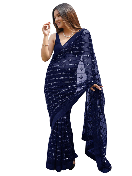 AKHILAM Women's Net Navy Blue Embellished Designer Saree With Blouse Piece (AAVYA603B_HV)