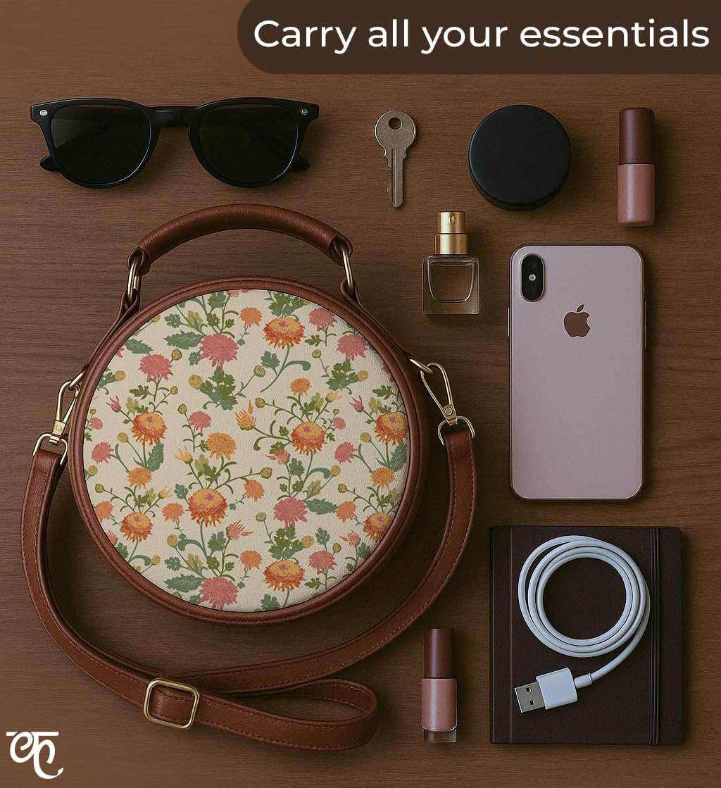 Kalankit Round Sling For Women | Girls Crossbody Bags | Side Bags With Adjustable Strap | Travel Box Sling Bags | Autumn hues