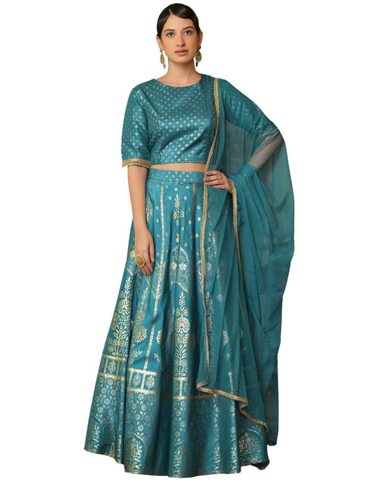 Juniper Women's Teal Santoon Slub Festive Foil Printed Straight Lehnga Choli Set -XXL