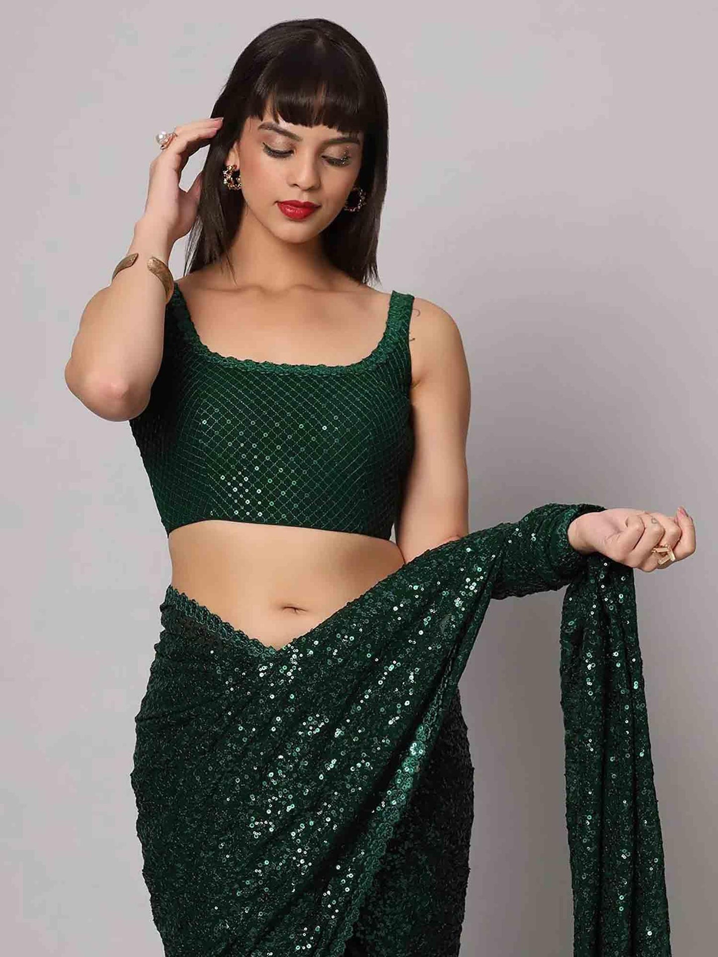 Zeel Clothing Women's Dark Green Sequins Work Heavy Georgette Saree with Blouse (1008-Deep-Green-Sequins-Party-Saree-New, Deep Green)