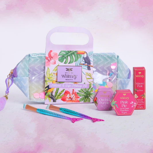 Whimsy Beauty 5-Piece Organic Makeup Kit for Girls, Preteens & Teens | Safe & Skin-Friendly Beauty Set | Non-Toxic Real Toy Makeup | Eye Glitter, Lip Cheek Tint, Kids Lip Gloss & Mermaid Brushes