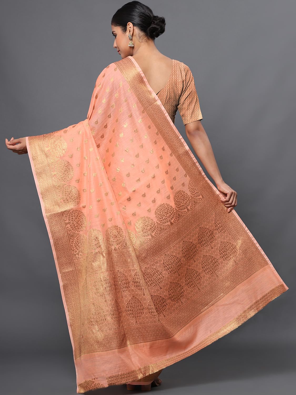leeza store Women's Peach Cotton Silk Blend Golden Zari Tree Pattern Border Rich Pallu Banarasi Saree With Blouse Piece