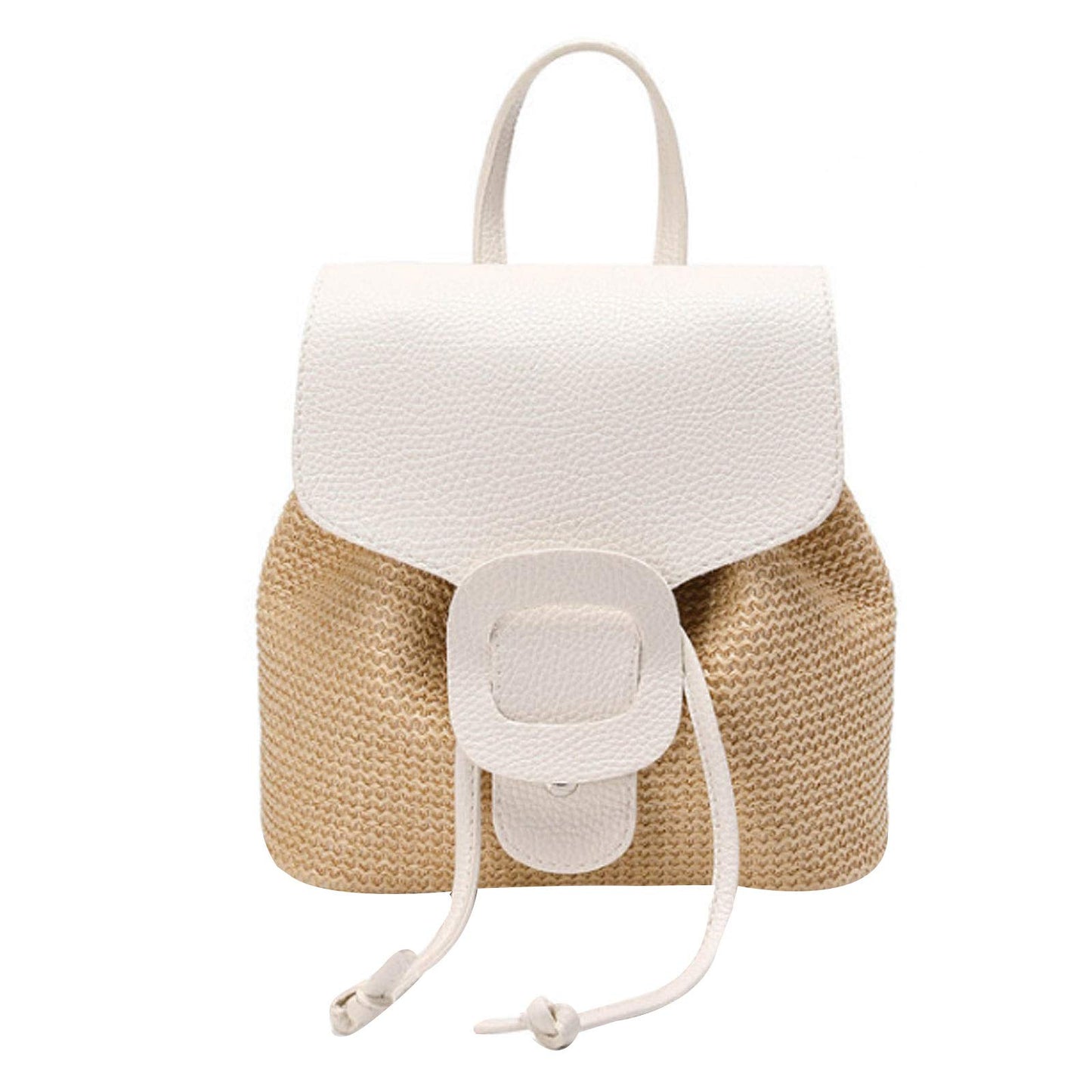 Hoce Straw Backpack Purse Mini Drawstring Flap Backpack for Women Girls Beach (White)